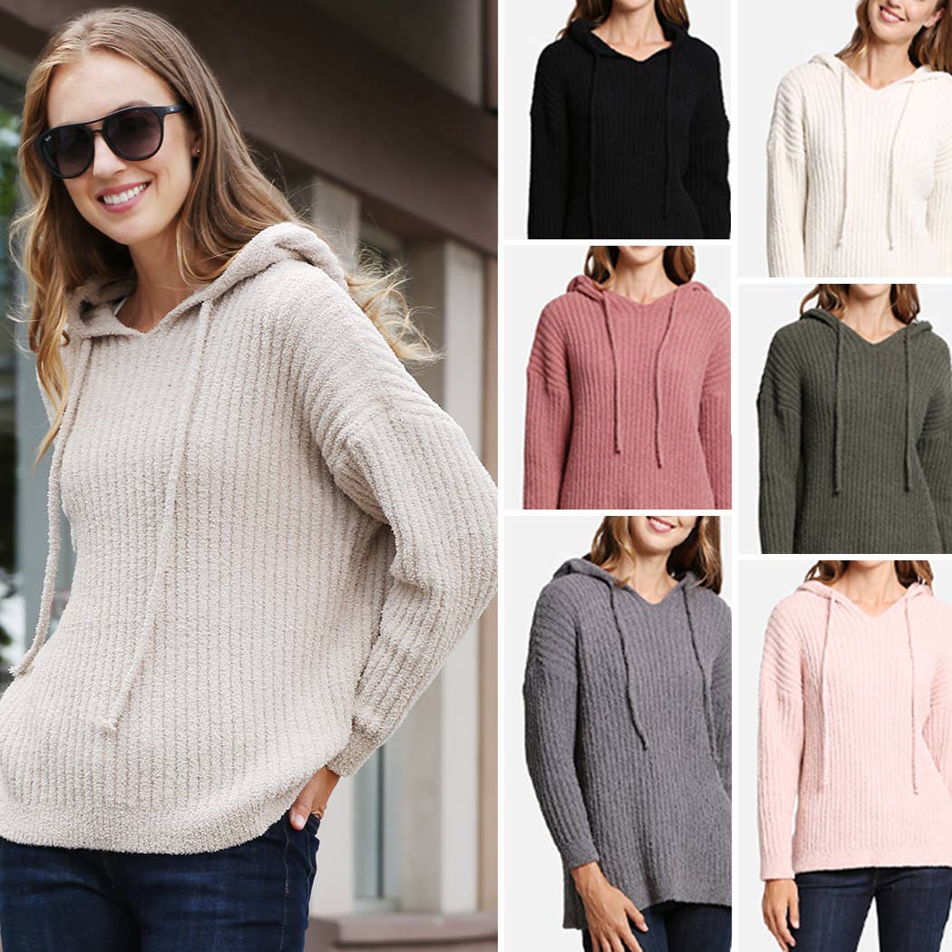 Solid Color Ribbed Sweater with Hood Drawstrings T-Shirts, Hoodie, Sweatshirt | PodTeesHub.com