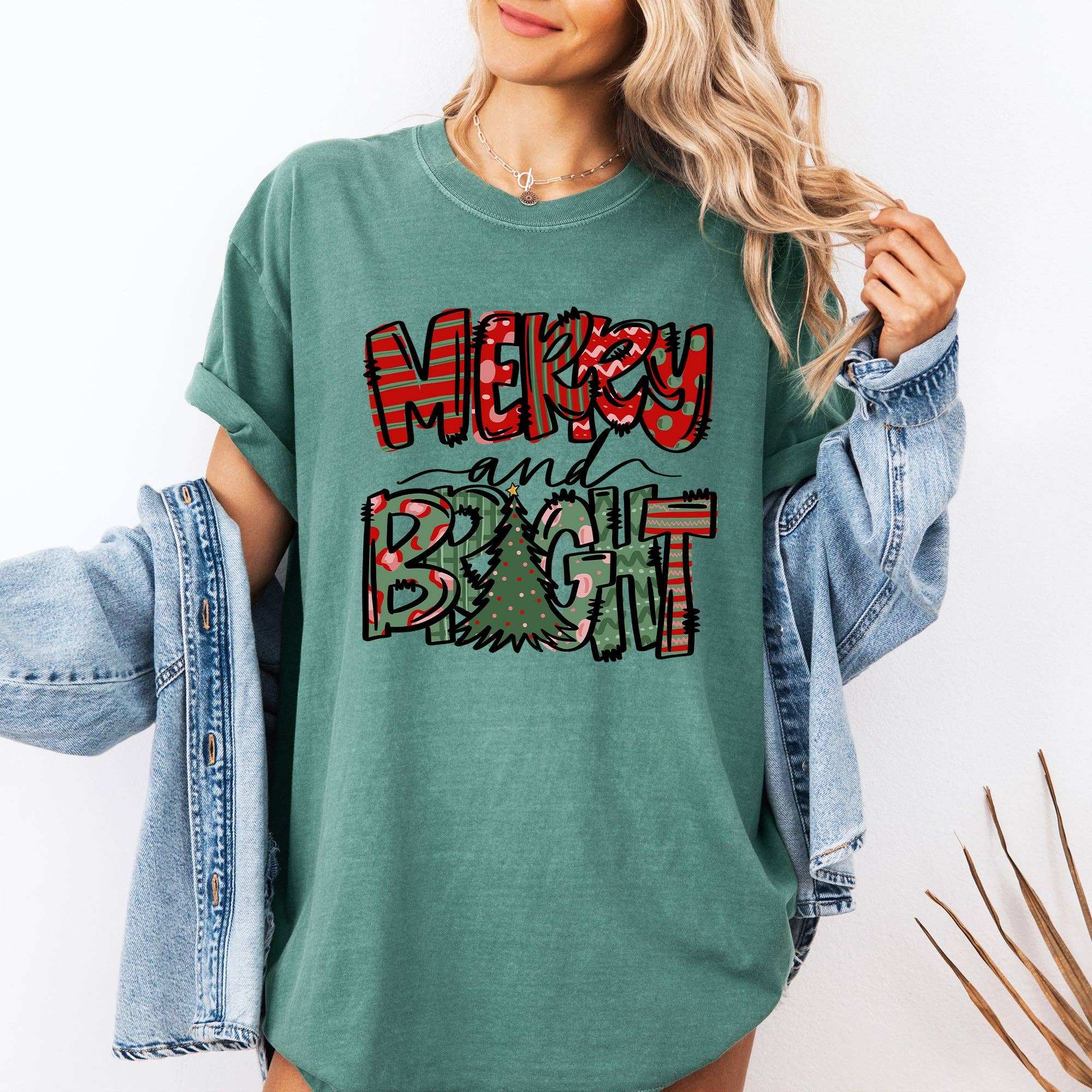 Merry and Bright, Christmas Tree, Colorful Santa Xmas Tshirt Hoodie, Sweatshirt | PodTeesHub.com