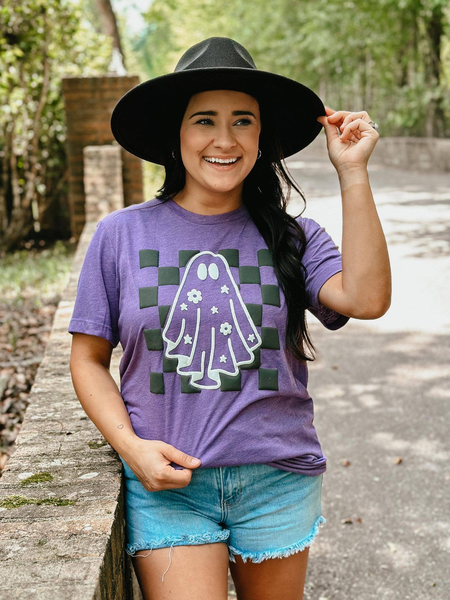Checkered Floral Ghost Outline Puff Tee Hoodie, Sweatshirt | PodTeesHub.com