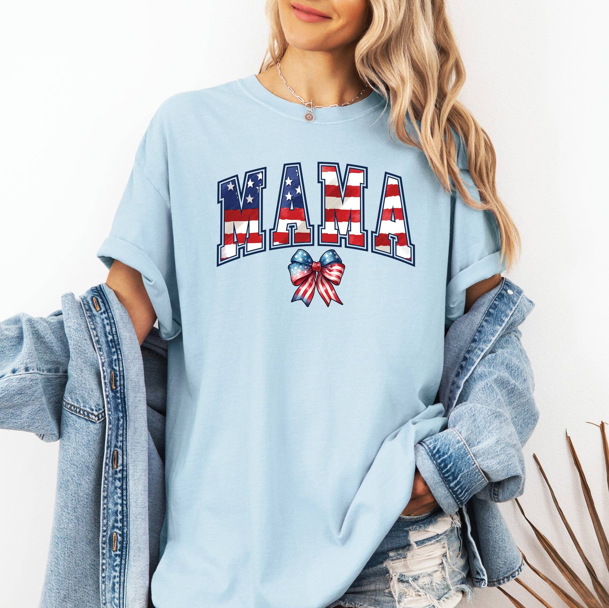 Mama, USA Flag, Patriotic, Varsity, Bow, Ribbon, America, 4th of July Tshirt Hoodie, Sweatshirt | PodTeesHub.com