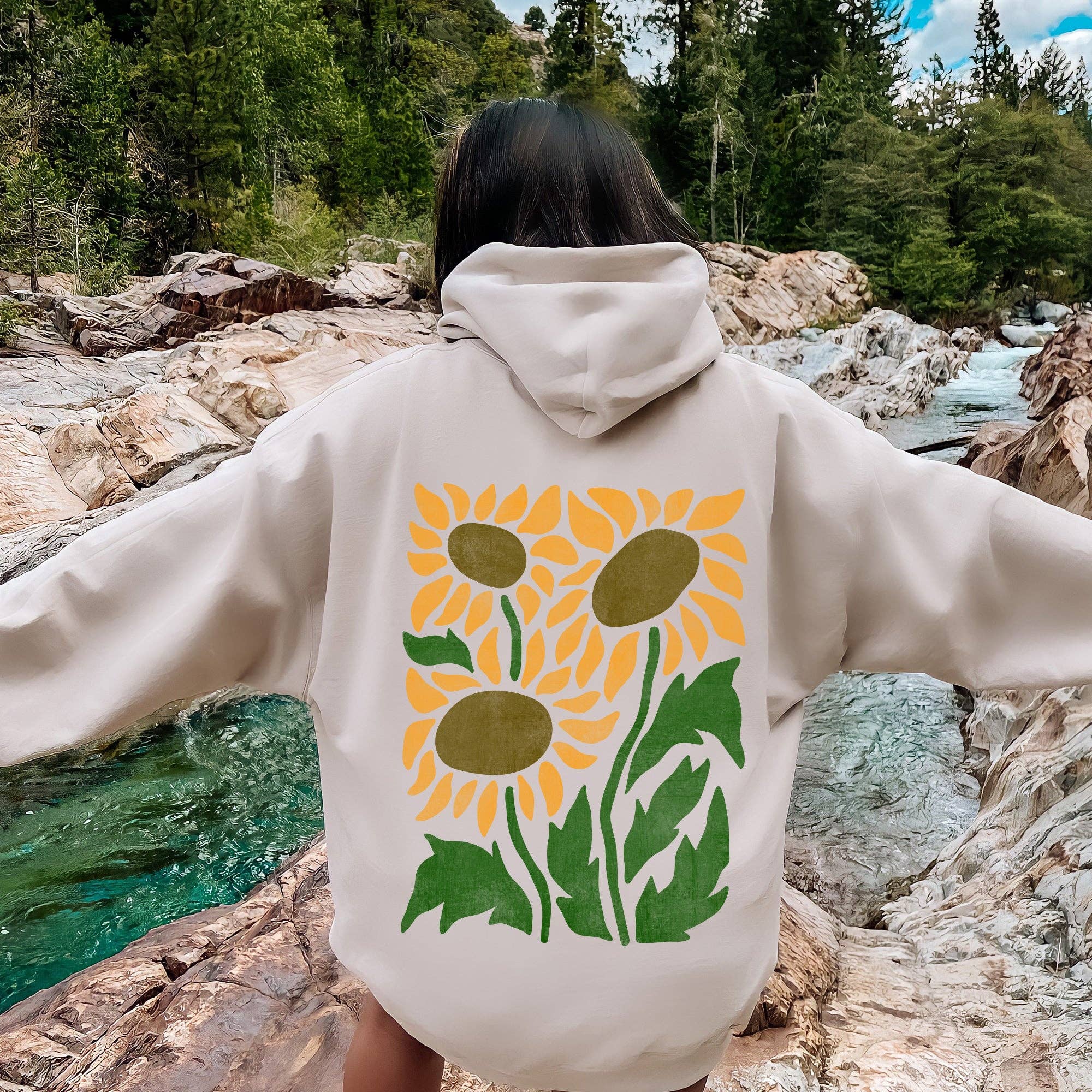 Boho Sunflowers, Retro Floral Hoodie T-Shirts, Sweatshirt | PodTeesHub.com