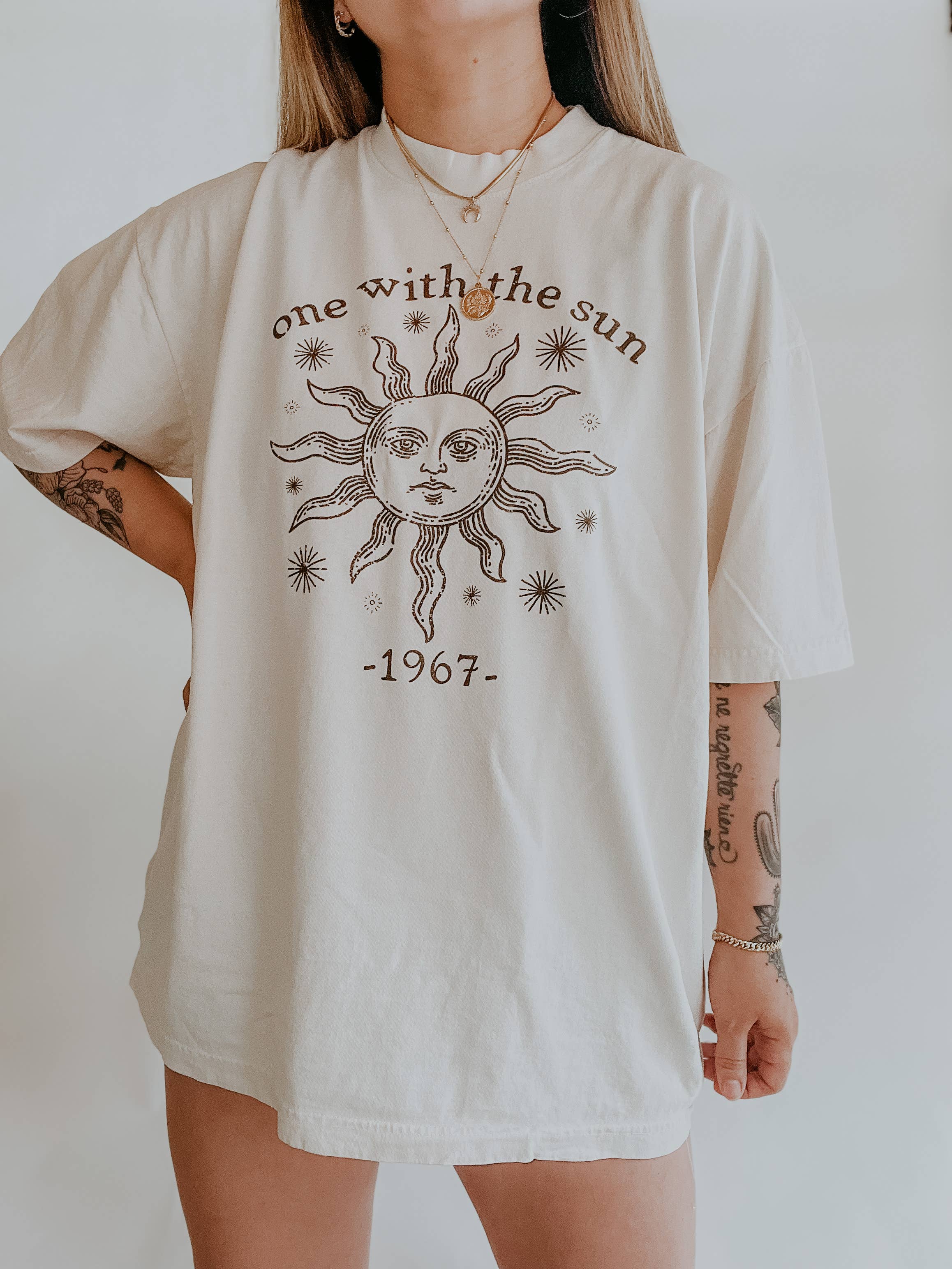 One with the Sun Boho Hippie Western Graphic Tee - Ivory Hoodie, Sweatshirt | PodTeesHub.com