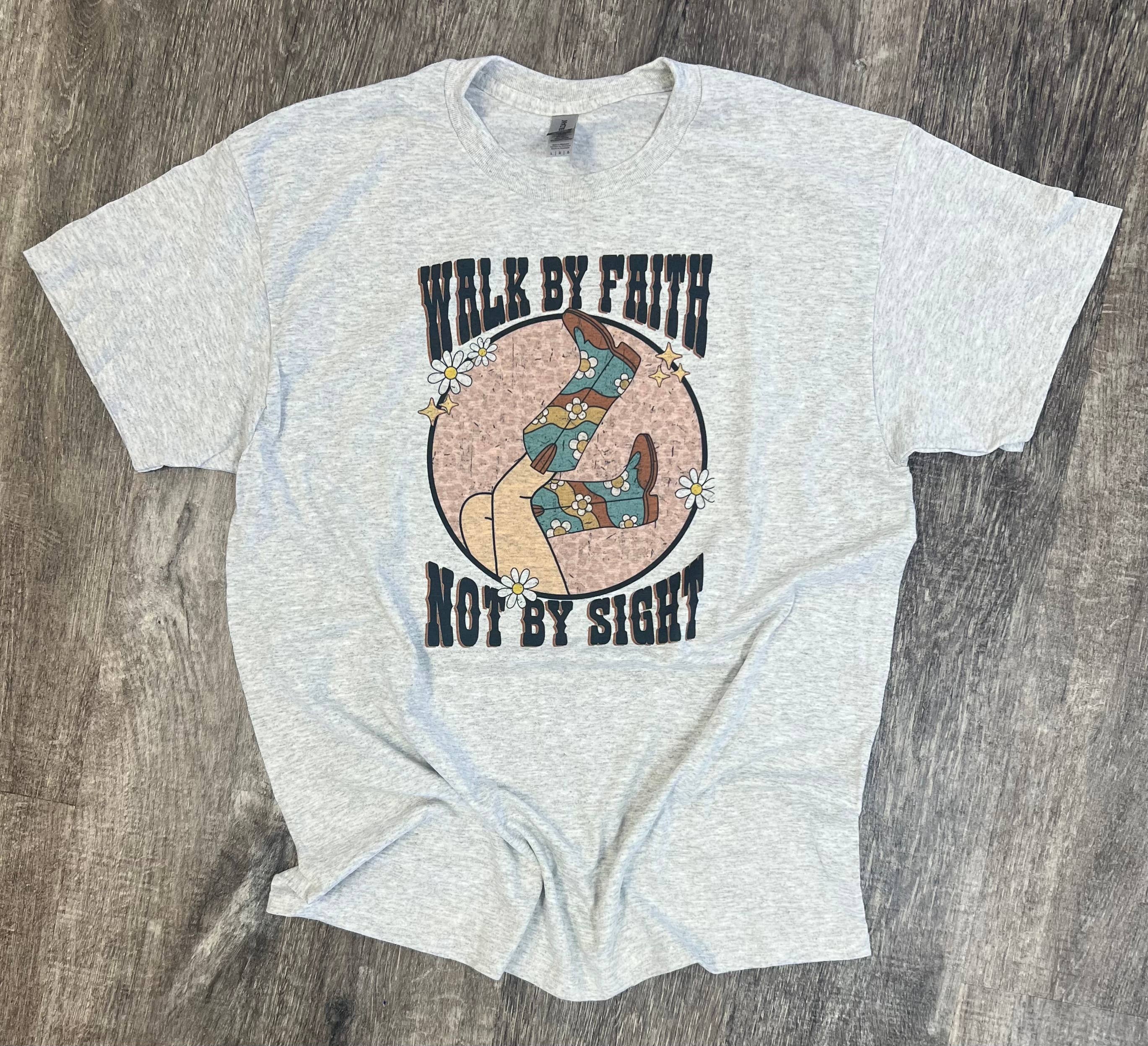 Walk By Faith Not By Sight Cowgirl Boots On Ash Gray Tee Hoodie, Sweatshirt | PodTeesHub.com