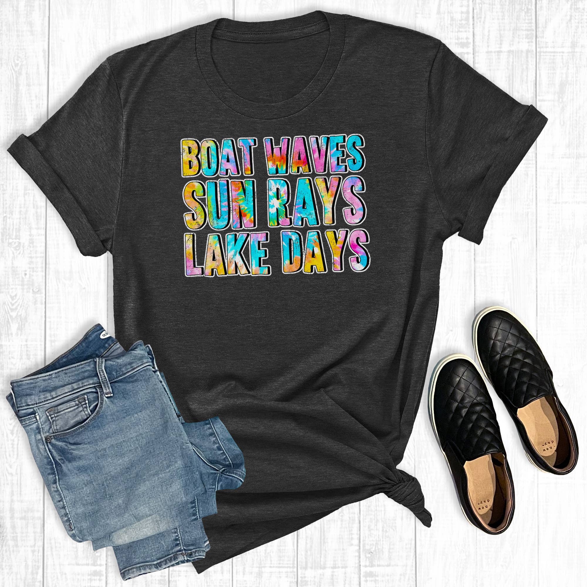 Tie Dye Boat Waves Sun Rays Lake Days Graphic Tee Hoodie, Sweatshirt | PodTeesHub.com