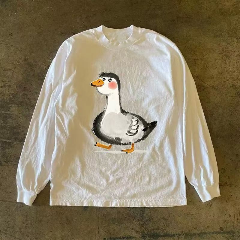 Japanese Brand White Washed Retro Cartoon Goose Print Long Sleeved T-Shirts, Hoodie, Sweatshirt