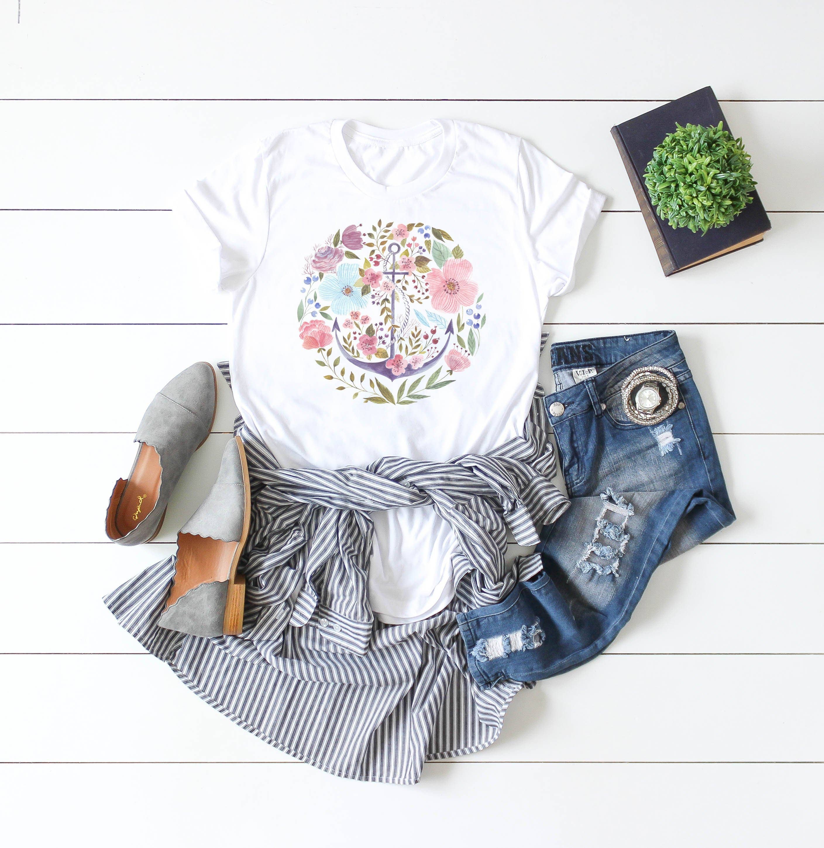 Floral Watercolor Anchor | Summer Short Sleeve Graphic Tee Hoodie, Sweatshirt | PodTeesHub.com