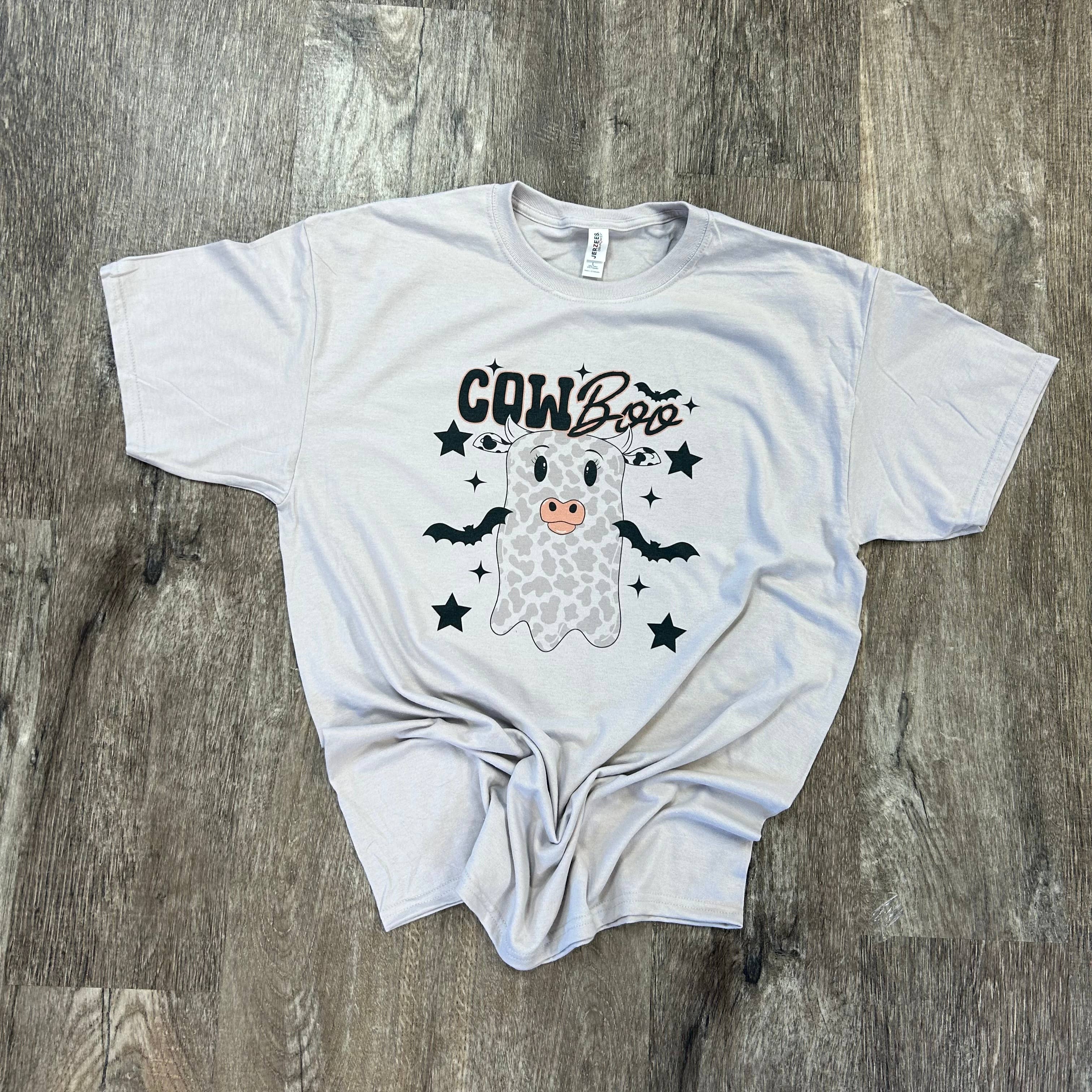 Cow Boo Ghost with Stars On Silver Tee Hoodie, Sweatshirt | PodTeesHub.com