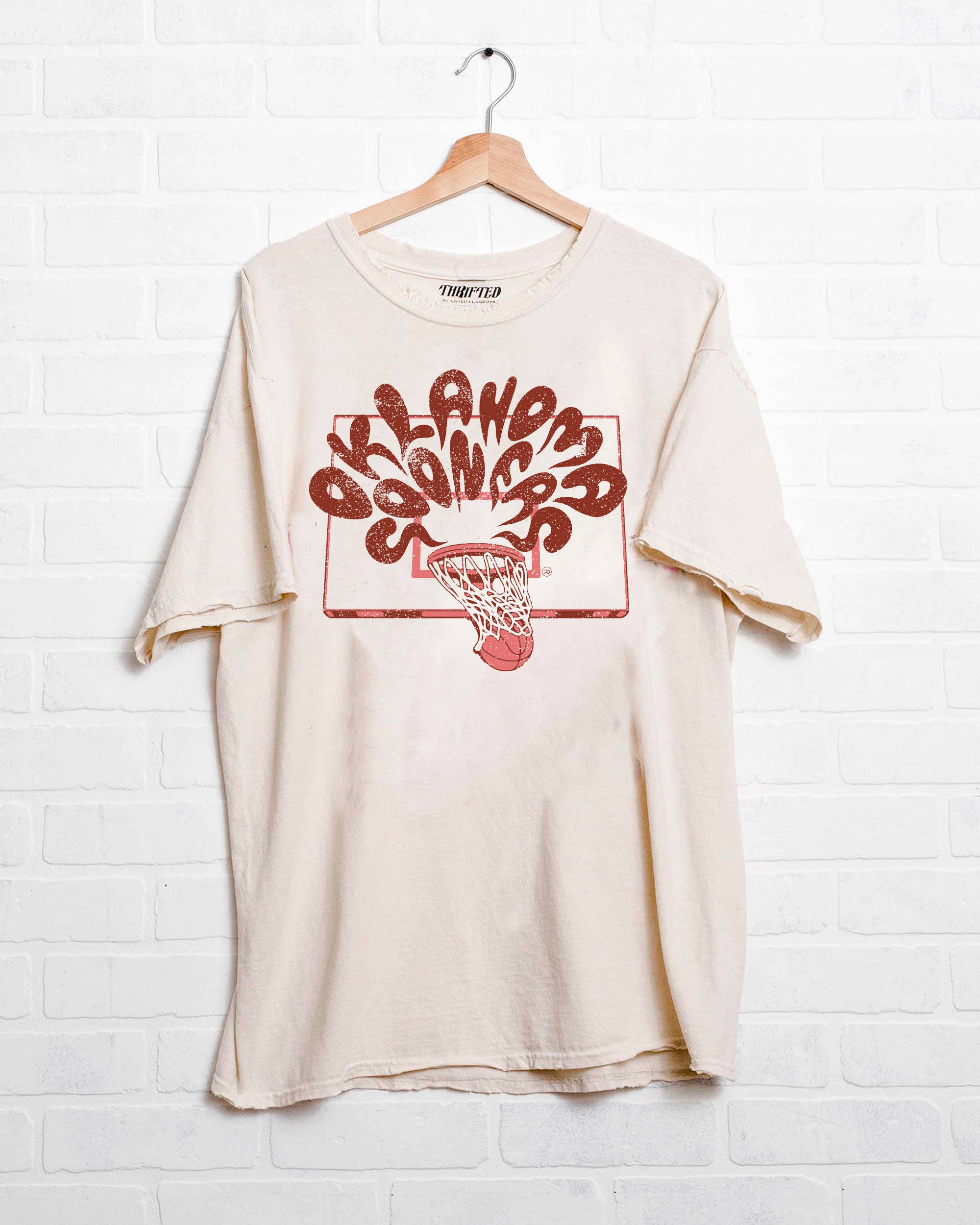 Ou Oklahoma Sooners Basketball Burst Off White Thrifted Tee Hoodie, Sweatshirt | PodTeesHub.com