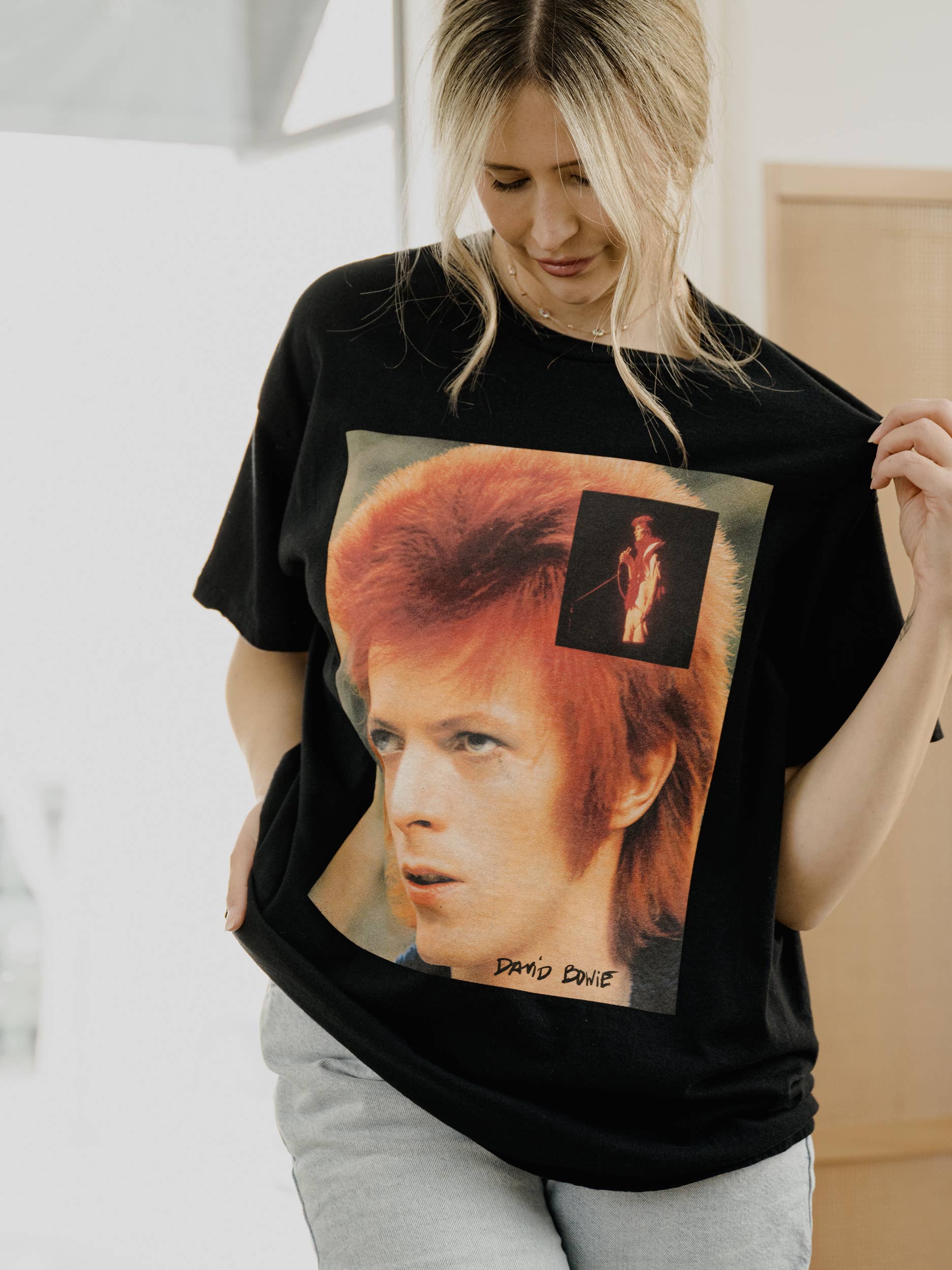David Bowie Overlapping Pic Black Thrifted Graphic Tee Hoodie, Sweatshirt | PodTeesHub.com