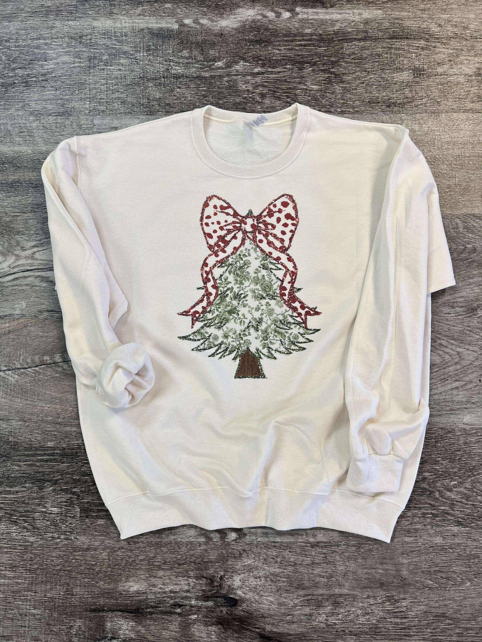 Green Floral Christmas Tree with Red Bow On Cream Sweatshirt T-Shirts, Hoodie | PodTeesHub.com