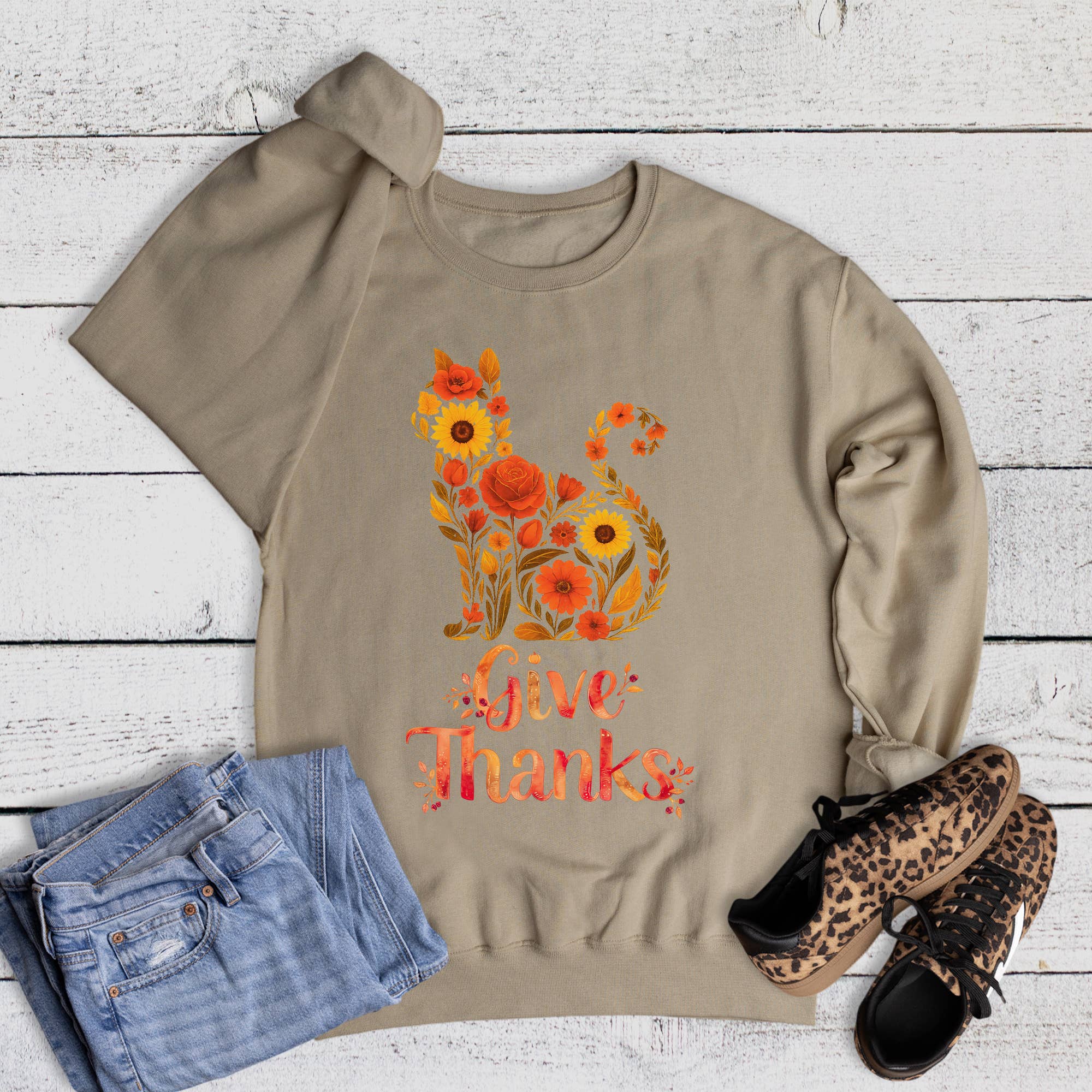Fall Thanksgiving Give Thanks Cat Sweatshirt T-Shirts, Hoodie | PodTeesHub.com