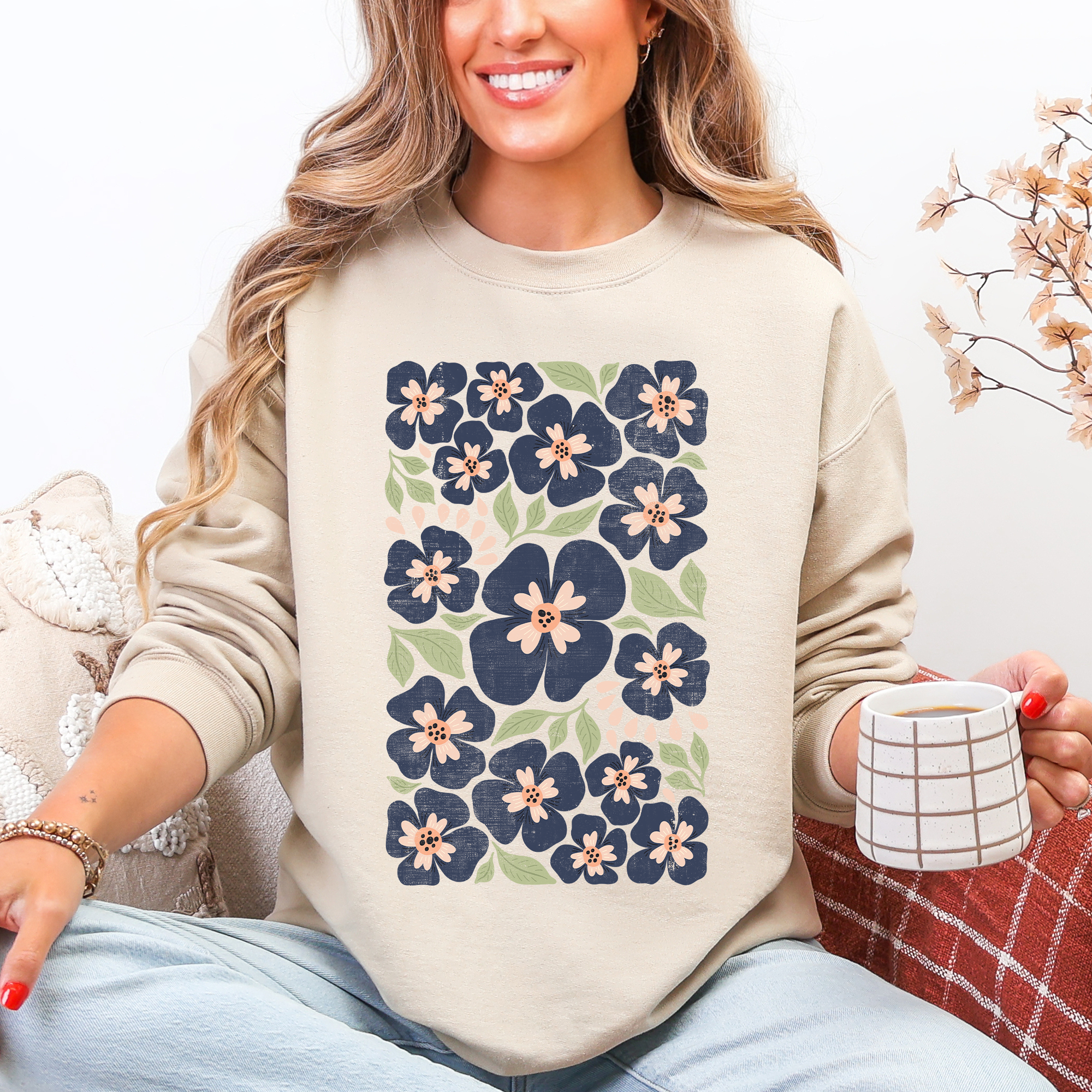 Blue Wildflower Allover Floral Boho Nature Sweatshirt T-Shirts, Hoodie | PodTeesHub.com