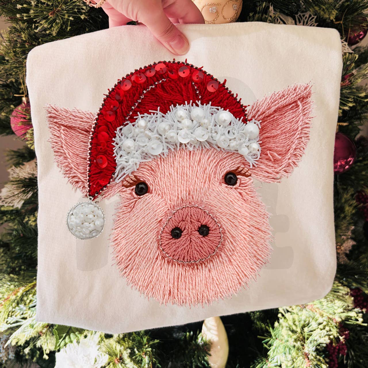 Faux Yarn Christmas Pig Tee Hoodie, Sweatshirt | PodTeesHub.com