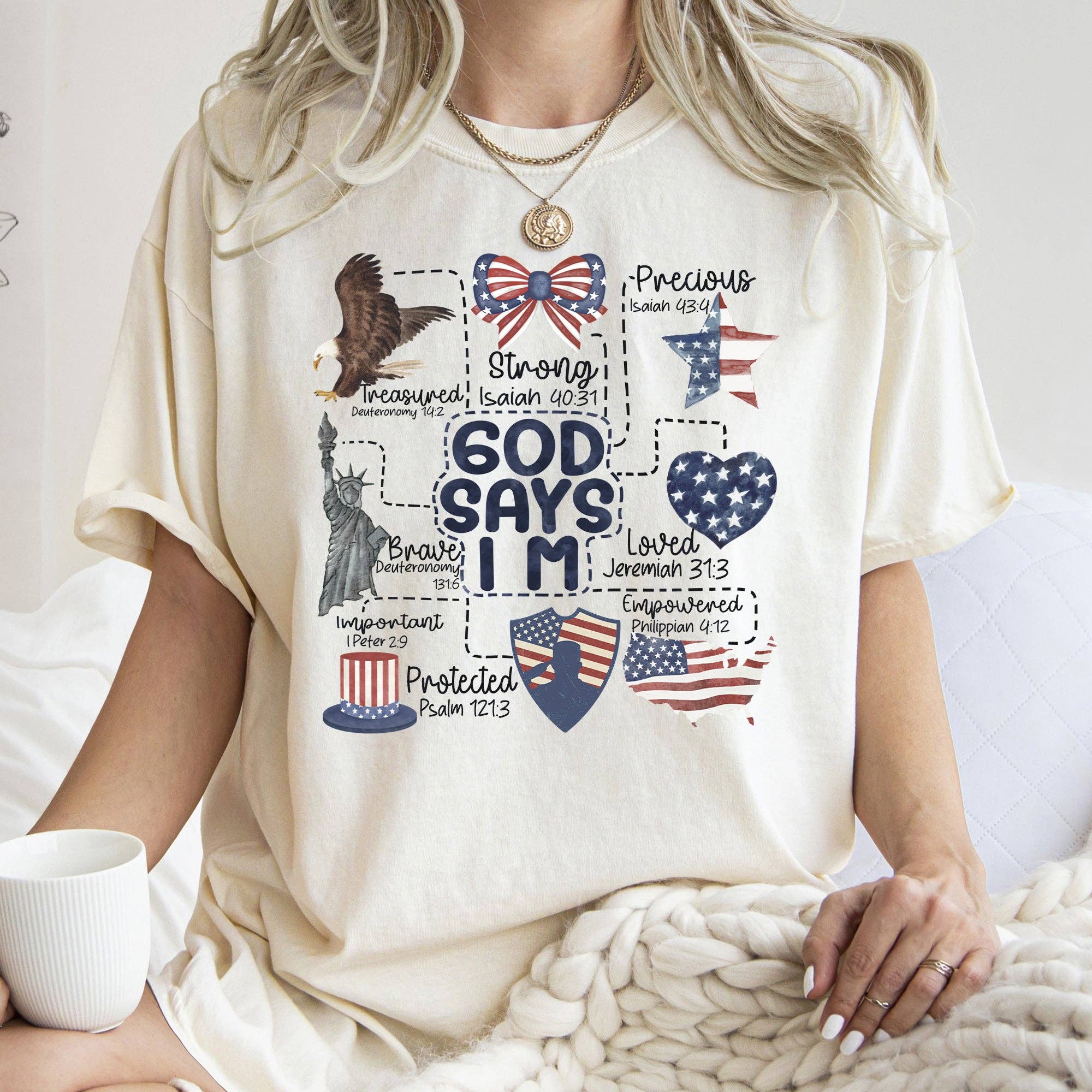 God Says I Am, Patriotic, Protected, Strong, Powerful, Brave, Comfort Colors Tshirt Hoodie, Sweatshirt | PodTeesHub.com