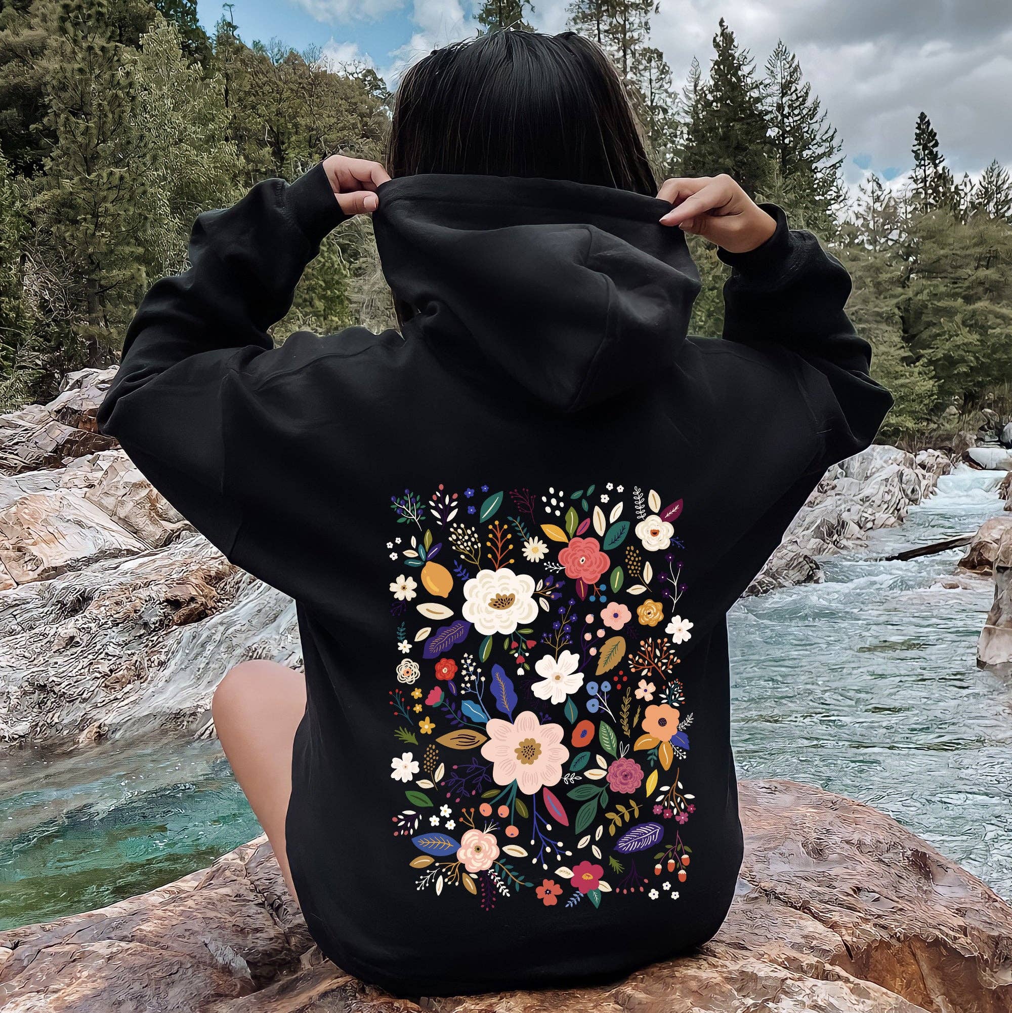 Flower Field, Whimsical Colorful Floral Hoodie T-Shirts, Sweatshirt | PodTeesHub.com