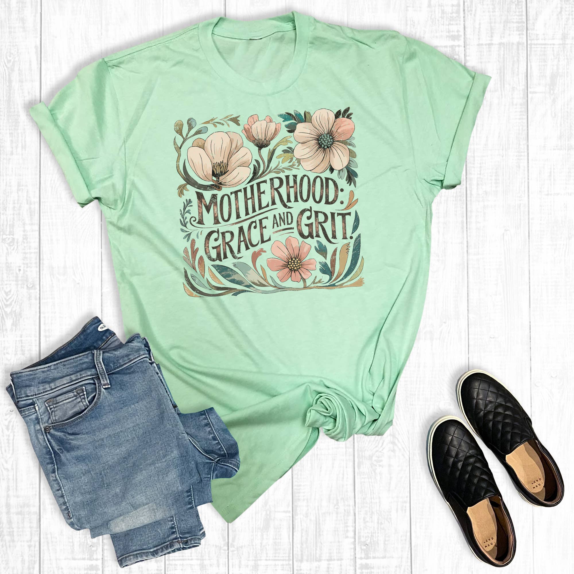 Retro Floral Motherhood Grace and Grit Graphic Tee Hoodie, Sweatshirt | PodTeesHub.com