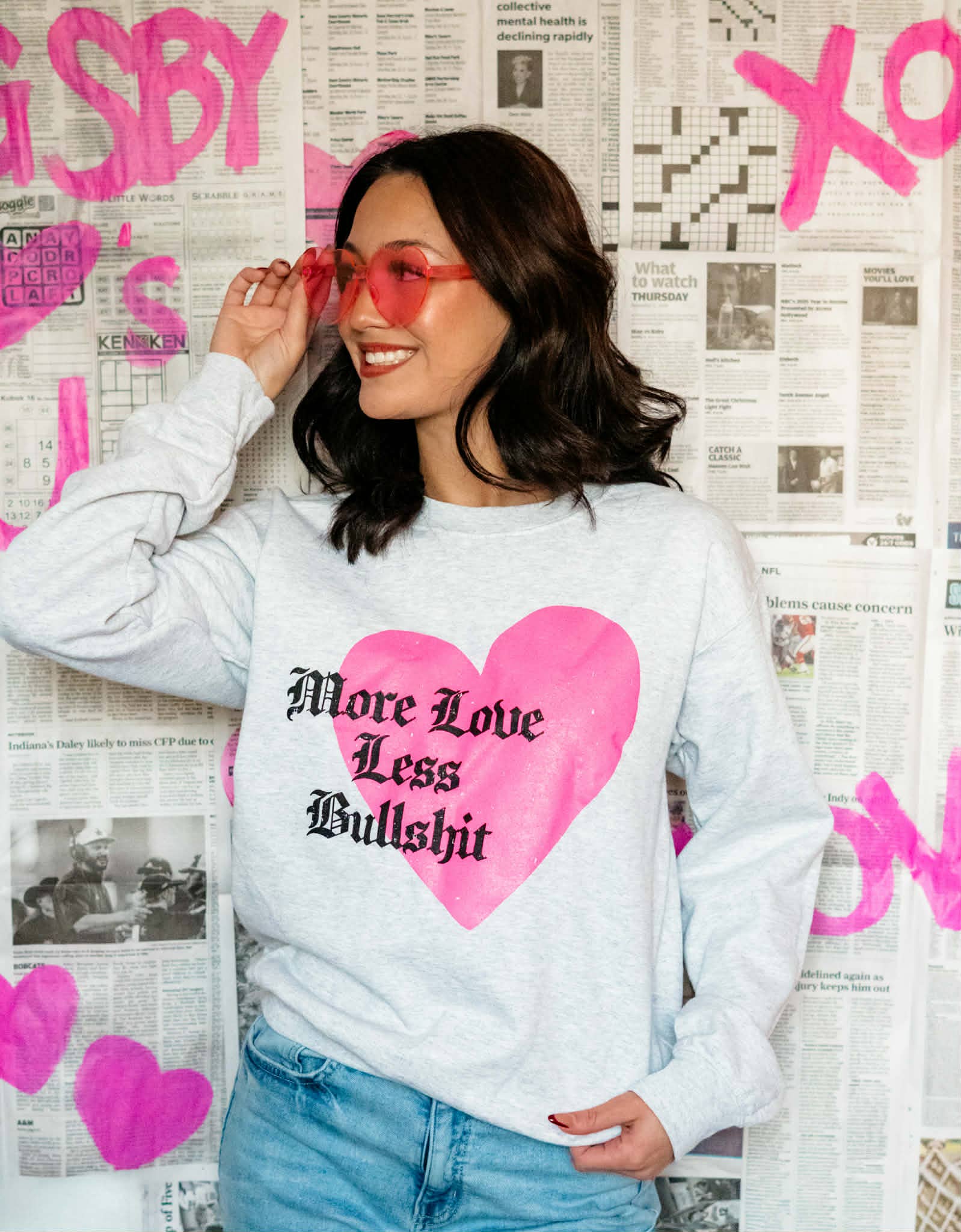 More Love Less Bullshit Crewneck Sweatshirt, Valentine's Day T-Shirts, Hoodie | PodTeesHub.com