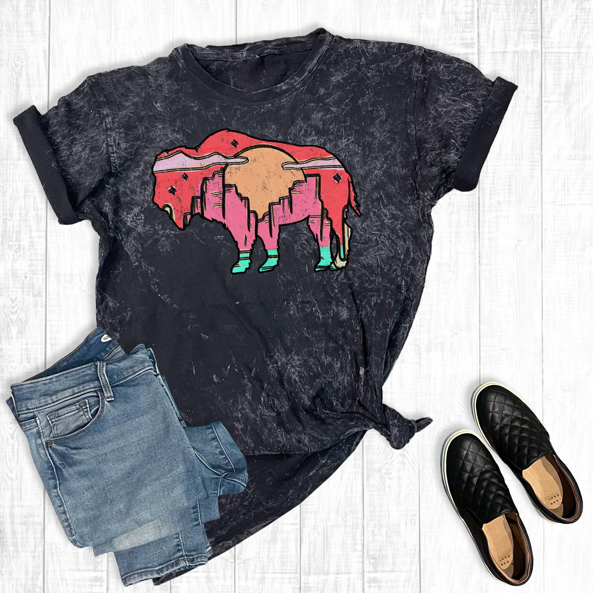 Western Desert Buffalo Mineral Wash Graphic Tee Hoodie, Sweatshirt | PodTeesHub.com