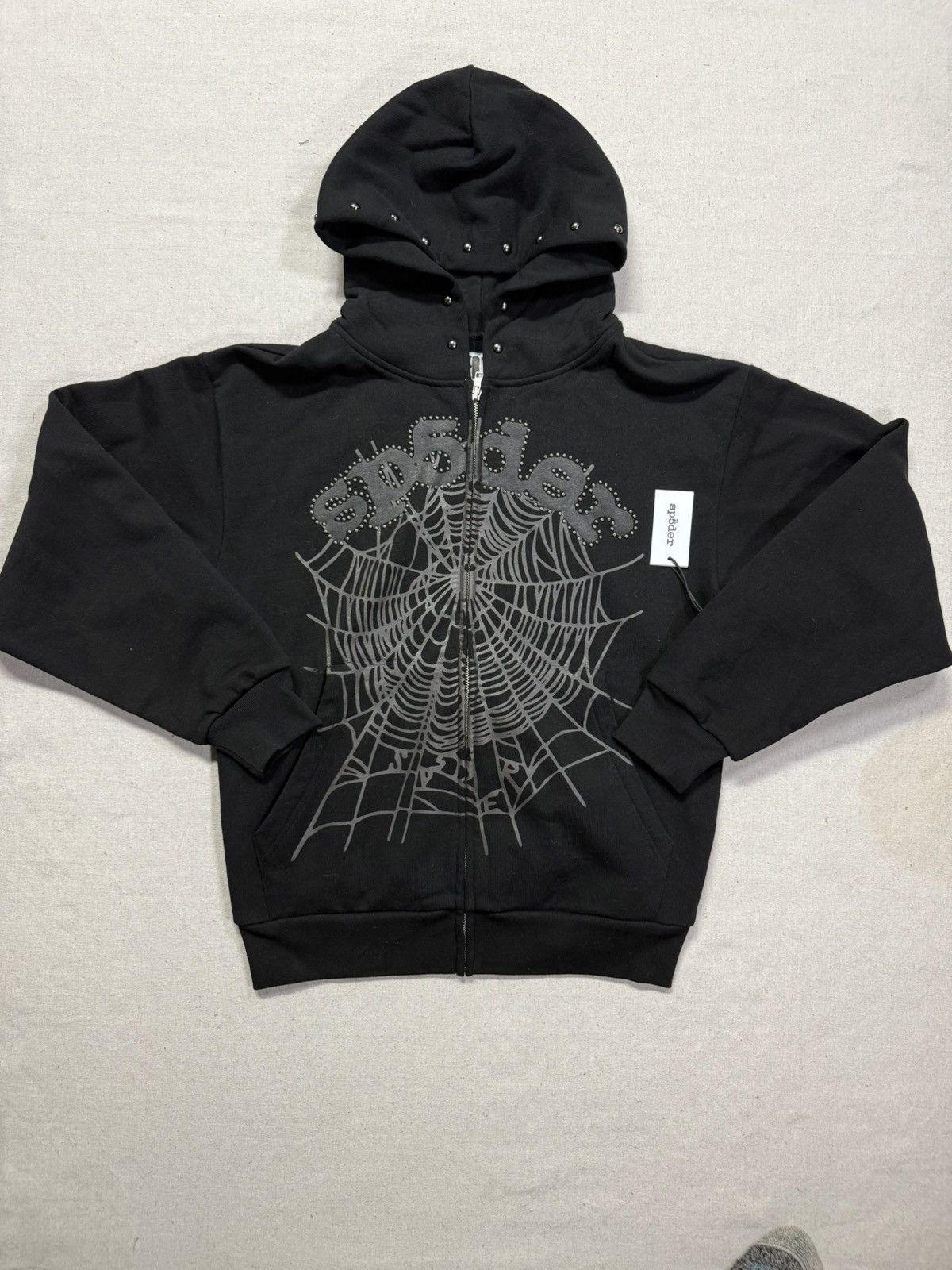 Sp5der Black Og Web Studded Zip Hoodie Size Small T-Shirts, Sweatshirt | PodTeesHub.com