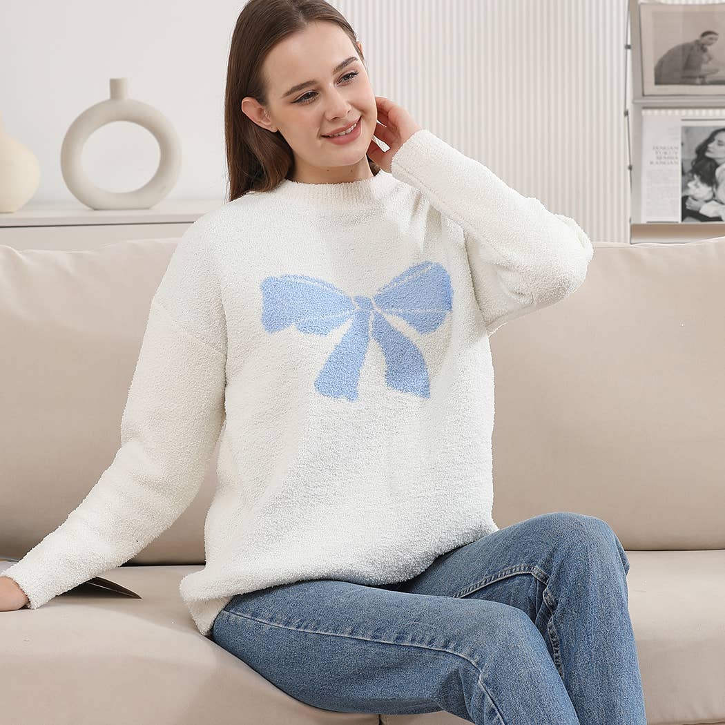 Blue Ribbon Bow Print Cozy Crew Neck Sweater T-Shirts, Hoodie, Sweatshirt | PodTeesHub.com