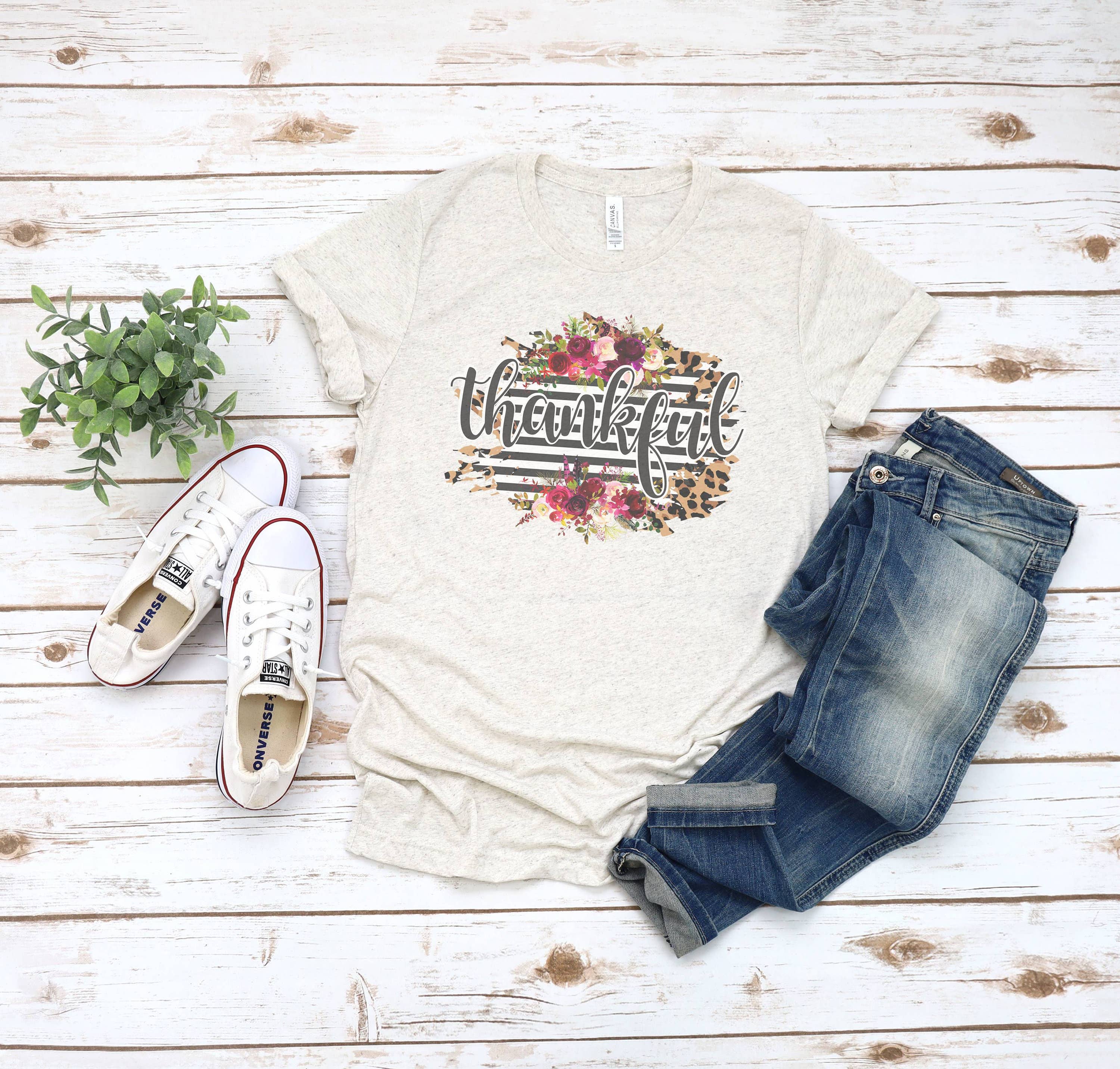 Thankful Stripe Floral Tee | Christian Tshirt Hoodie, Sweatshirt | PodTeesHub.com