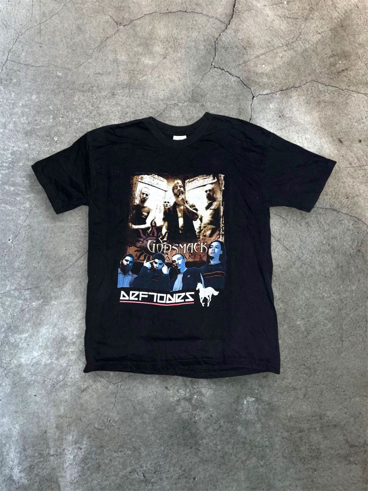 Band Tees Vintage 2001 Godsmack Deftones Awake White Pony Tour Hoodie, Sweatshirt | PodTeesHub.com