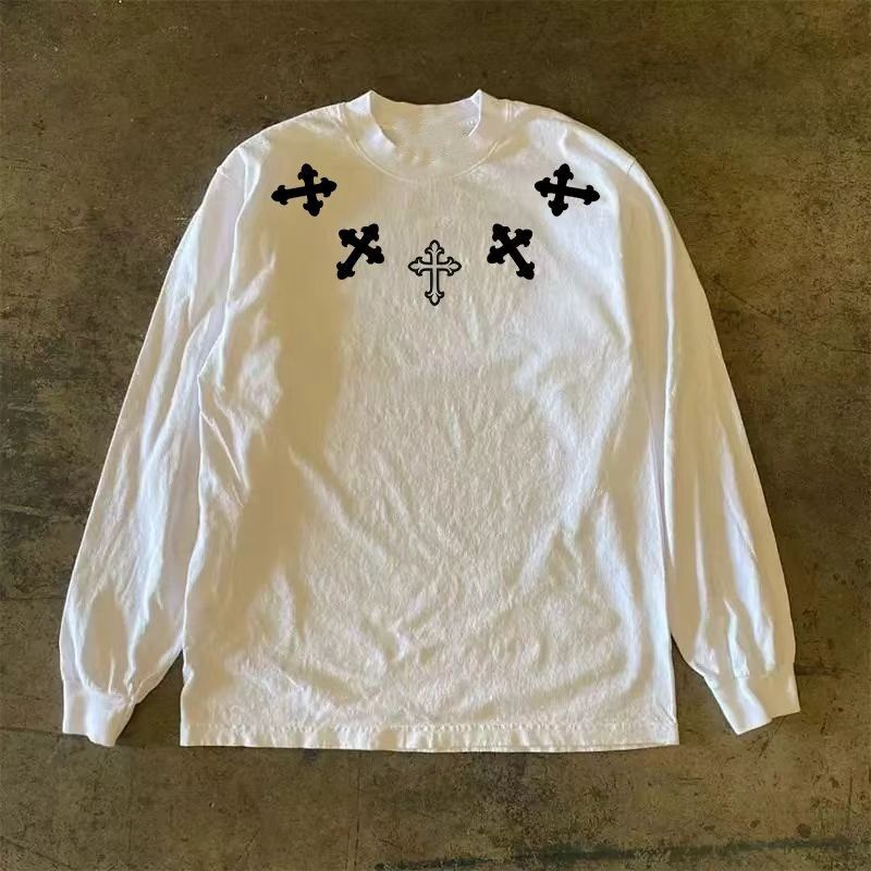 Japanese Brand White Retro Cross Print Long Sleeved T Shirt Hoodie, Sweatshirt | PodTeesHub.com