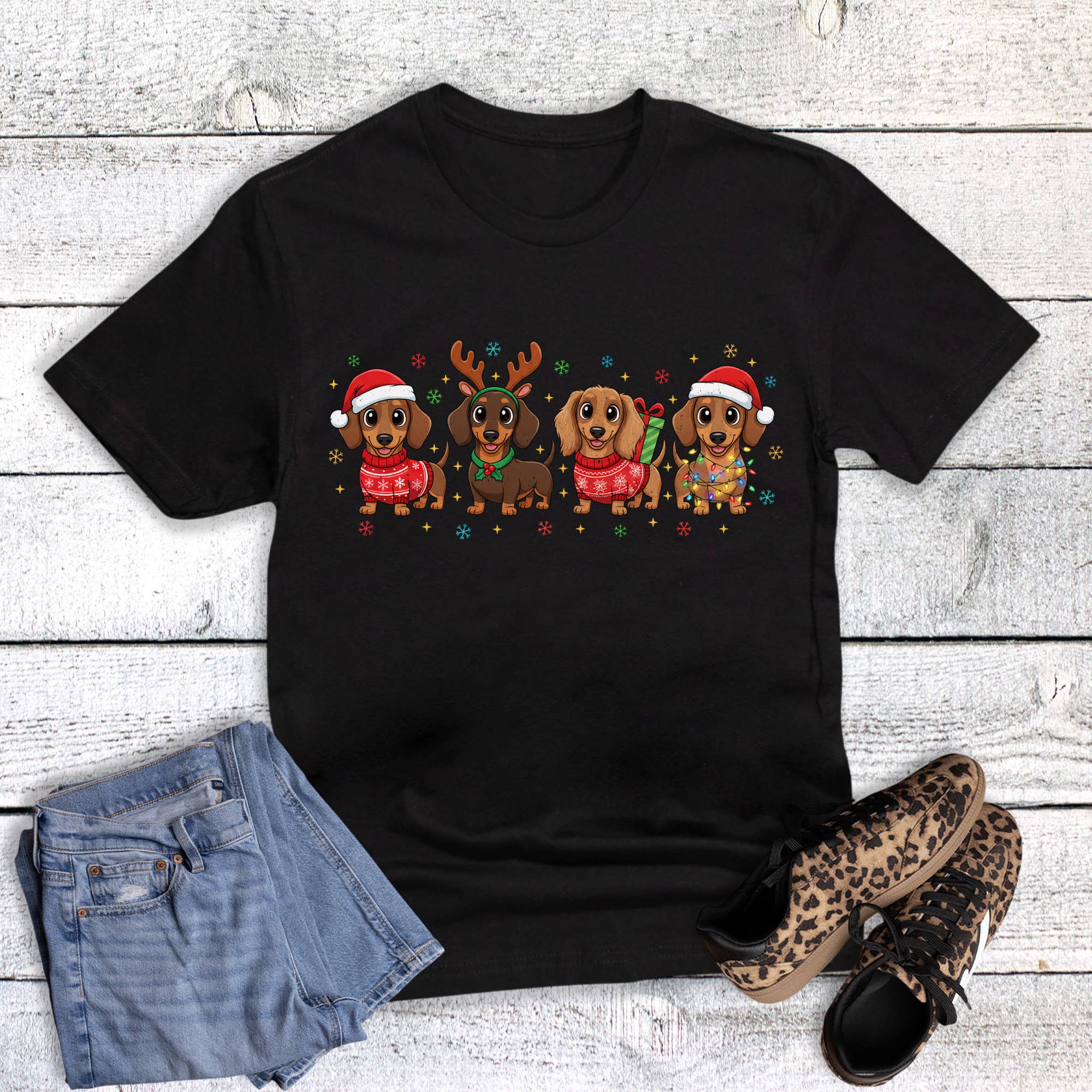 Christmas Santa and Reindeer Weenie Dogs Graphic Tee Hoodie, Sweatshirt | PodTeesHub.com