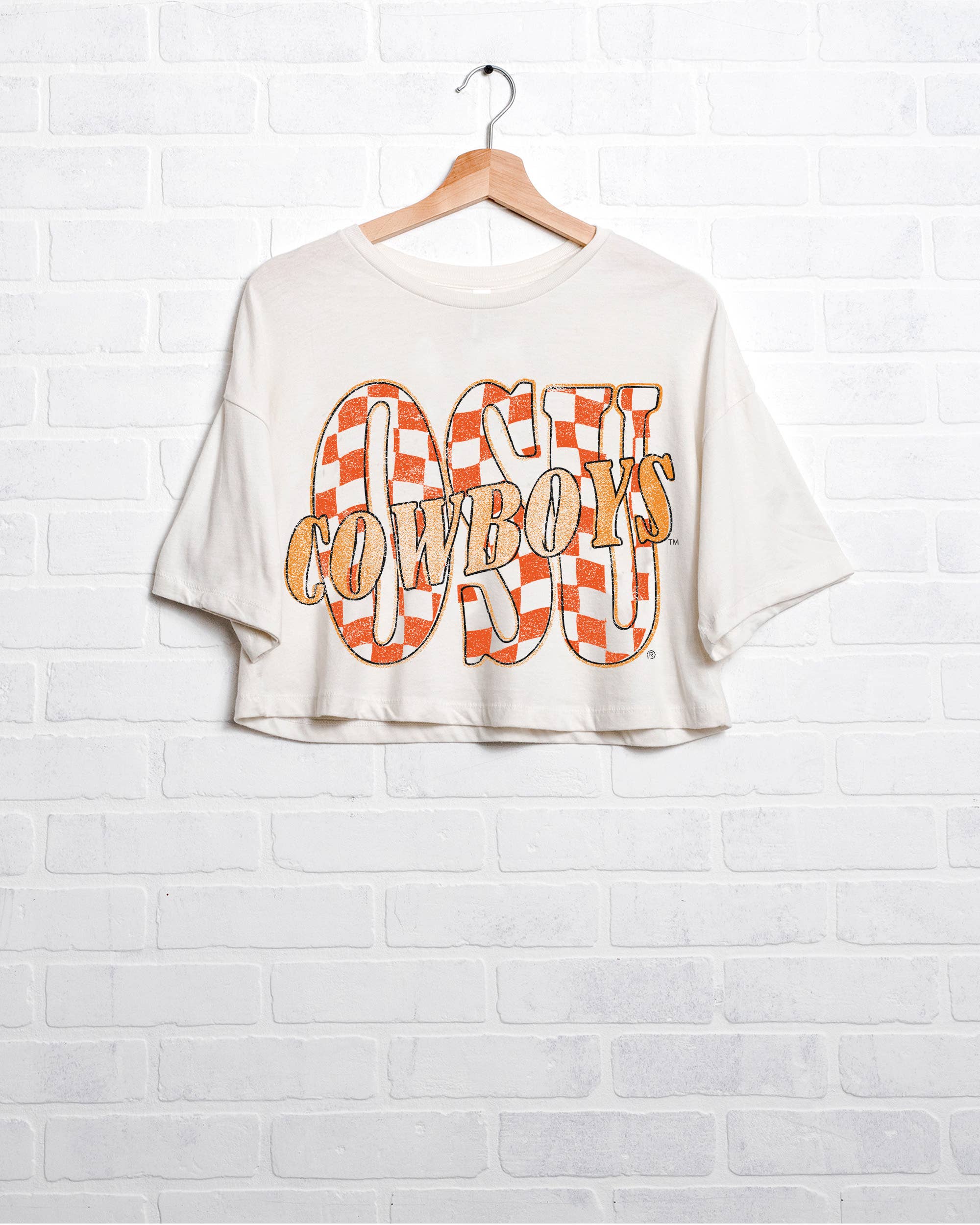 Osu Cowboys Twisted Check Off White Cropped Tee Hoodie, Sweatshirt | PodTeesHub.com