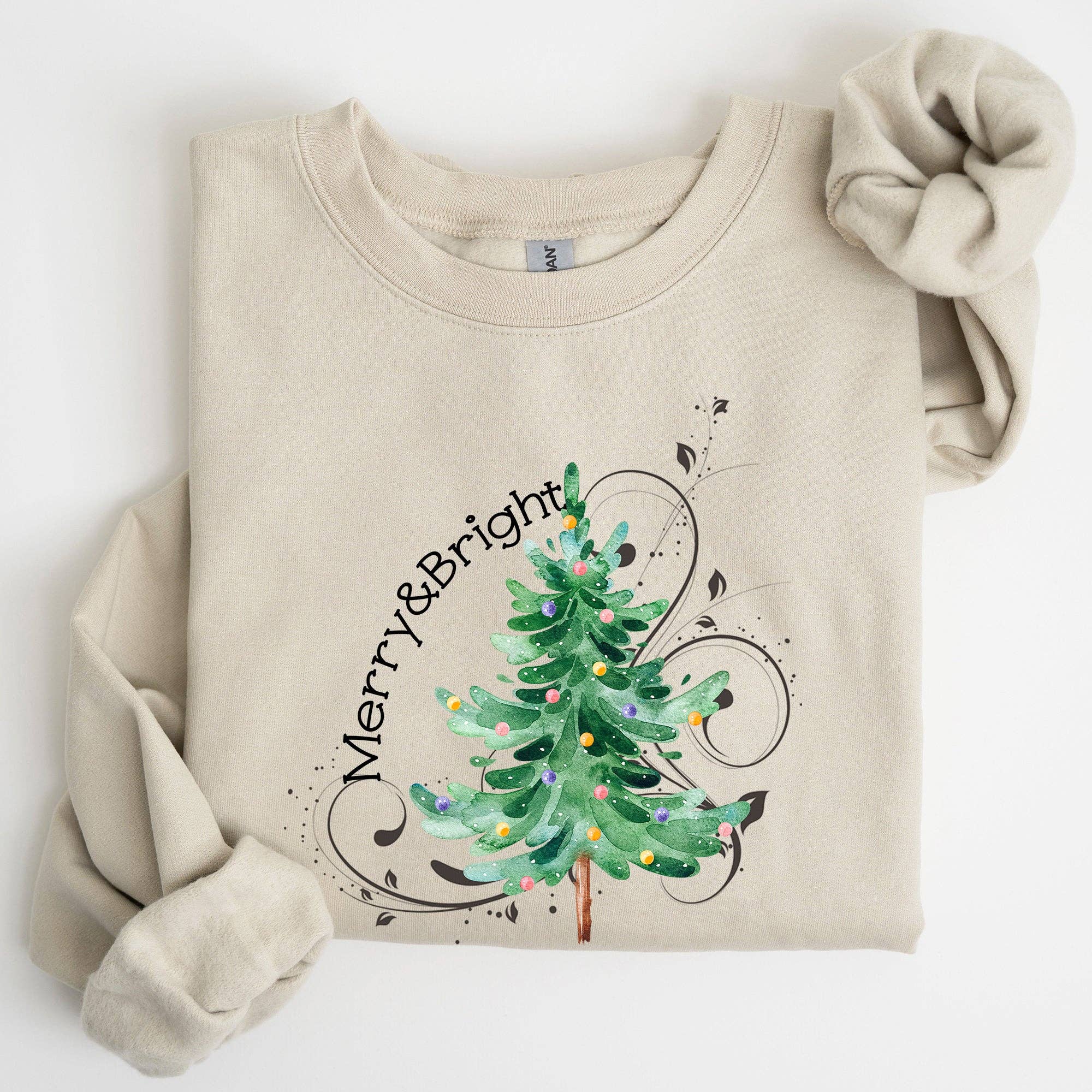Merry and Bright, Colorful Christmas Tree Swirls Sweatshirt T-Shirts, Hoodie | PodTeesHub.com
