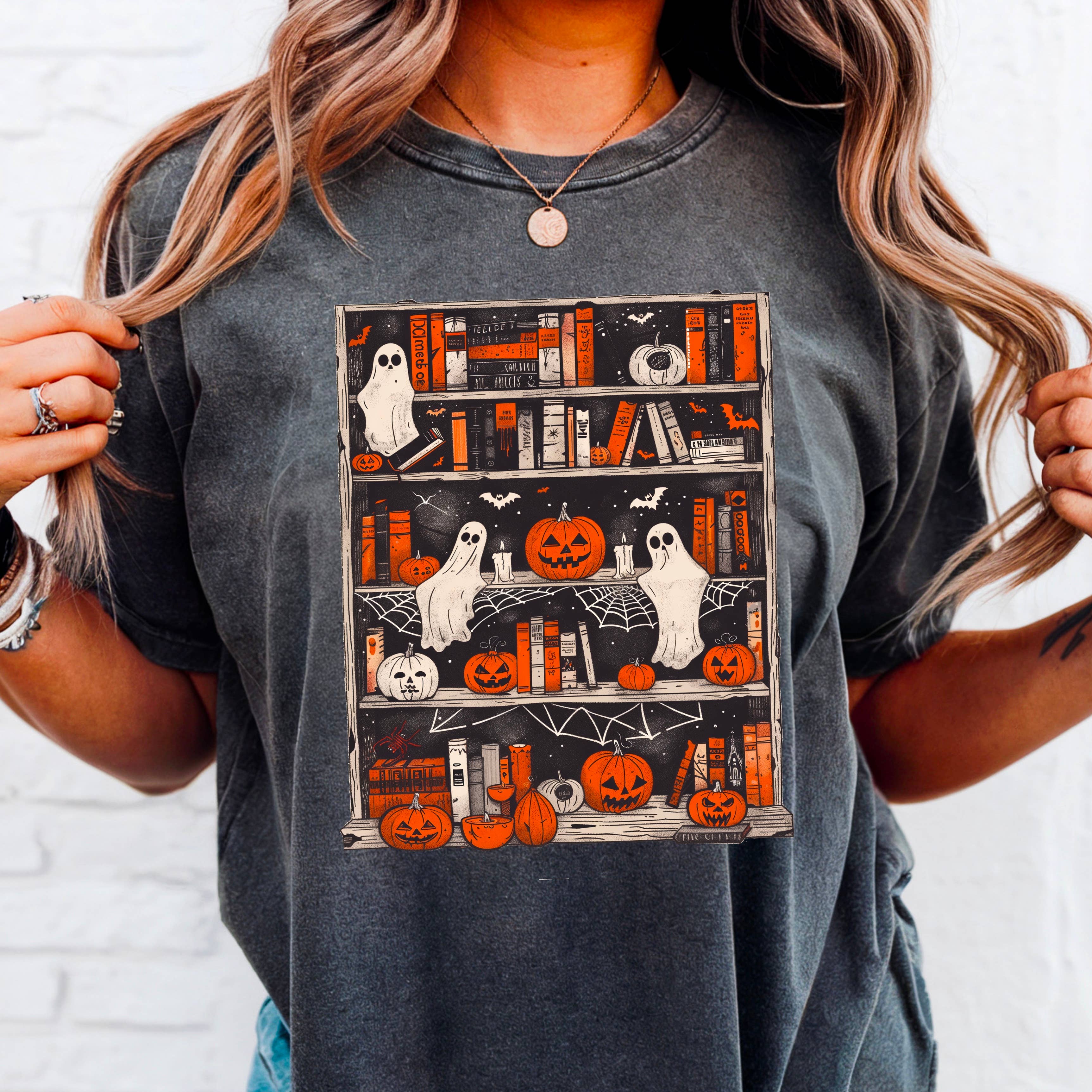 Halloween 2025 Ghost Bookcase Graphic Shirt | Comfort Color Hoodie, Sweatshirt | PodTeesHub.com