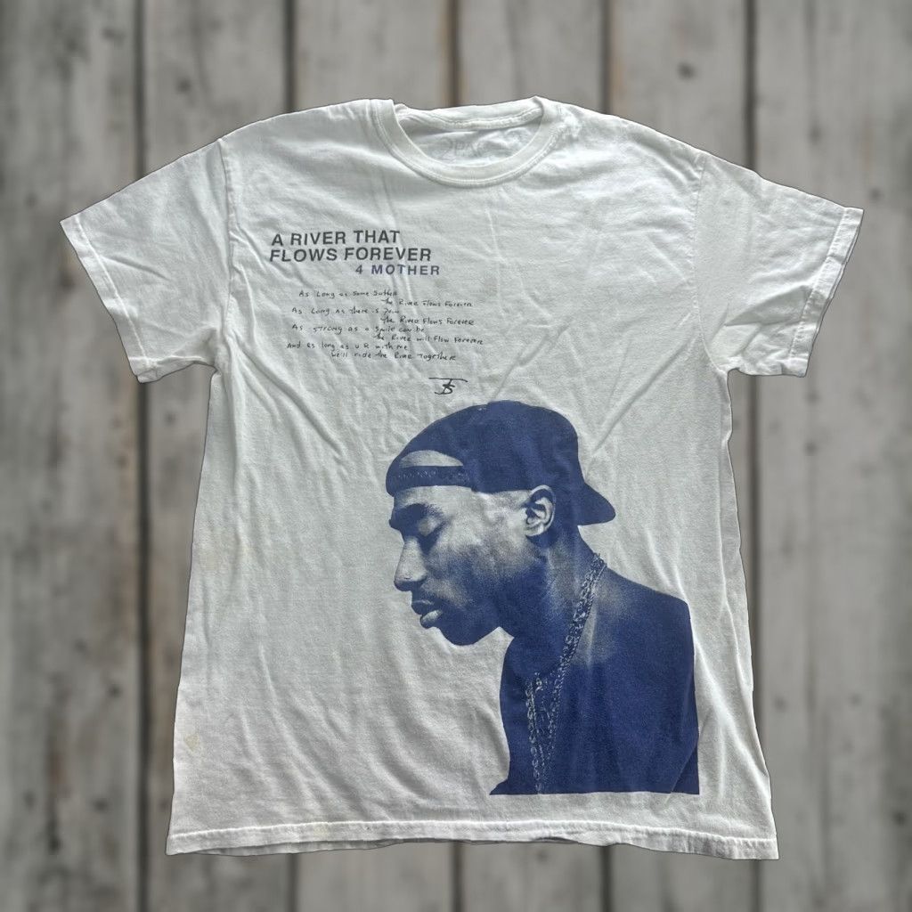 Vintage 2pac Shirt Mens M White Graphic Print Crew Neck Short Sleeve River That Flows Forever Poem M Hoodie, Sweatshirt