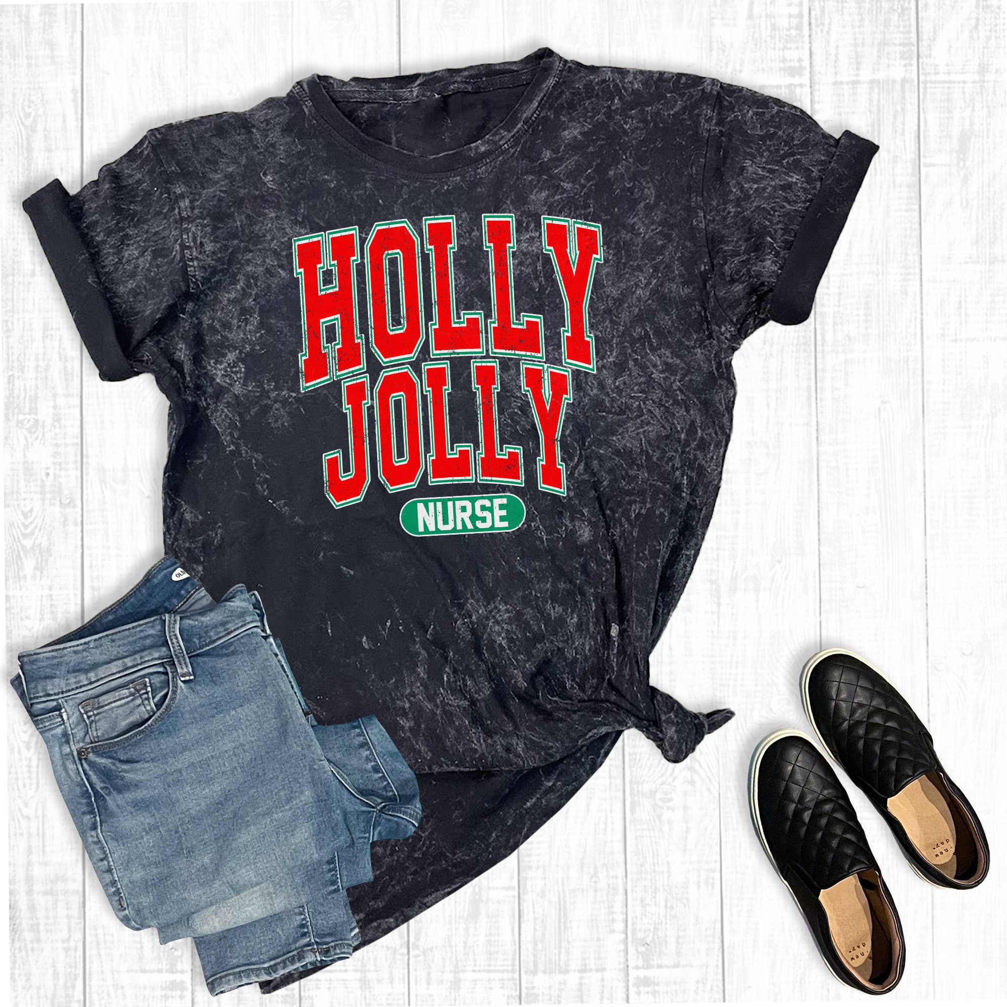 Christmas Holly Jolly Nurse Mineral Wash Graphic Tee Hoodie, Sweatshirt | PodTeesHub.com