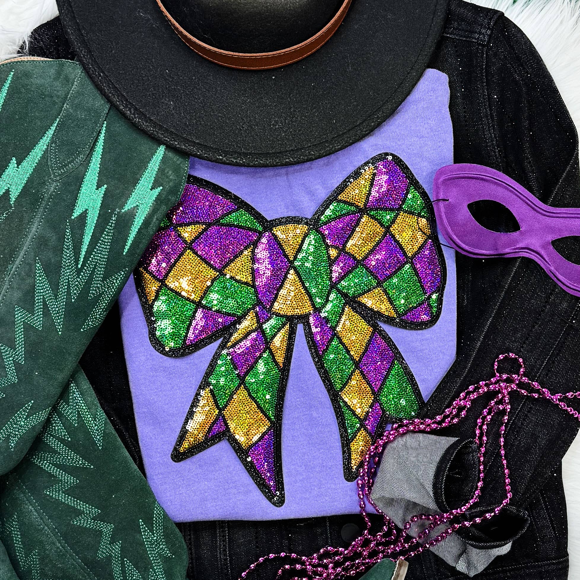 Sequin Mardi Gras Bow Violet Tee Hoodie, Sweatshirt | PodTeesHub.com