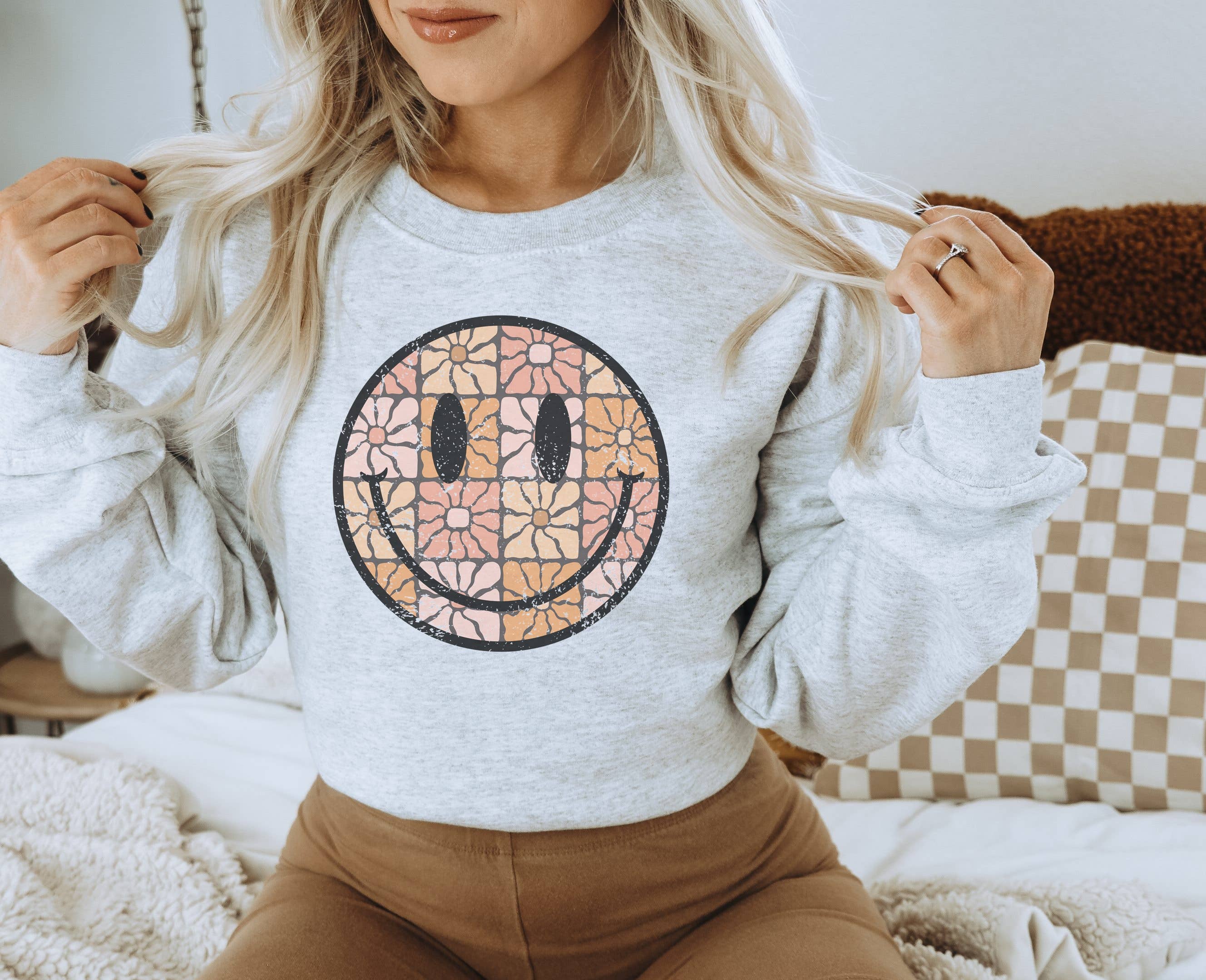 Groovy Floral Happy Face Crew Neck Sweatshirt T-Shirts, Hoodie | PodTeesHub.com