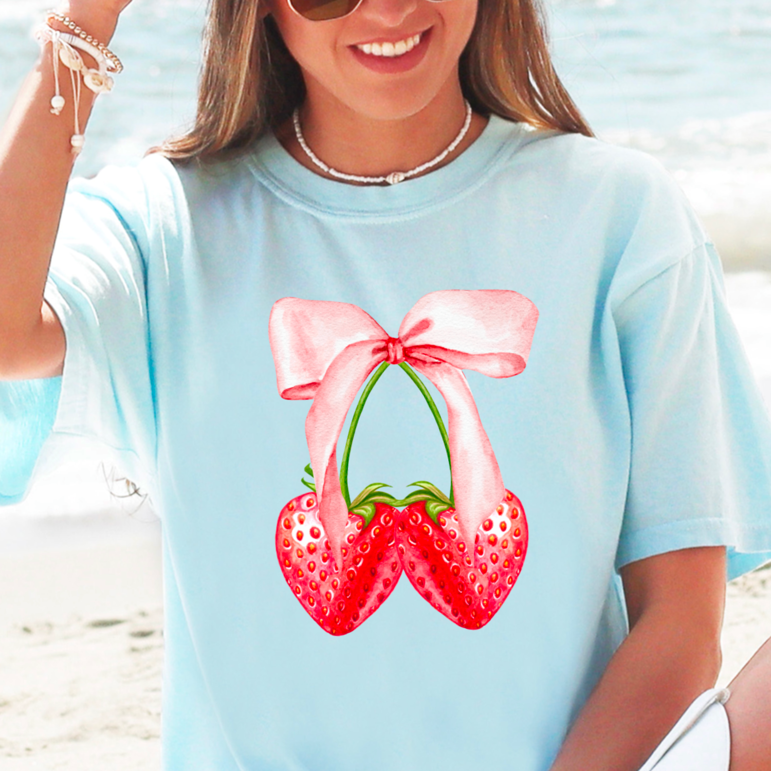 Coquette Bow Strawberries  Preppy Comfort Color Graphic Tee Hoodie, Sweatshirt | PodTeesHub.com