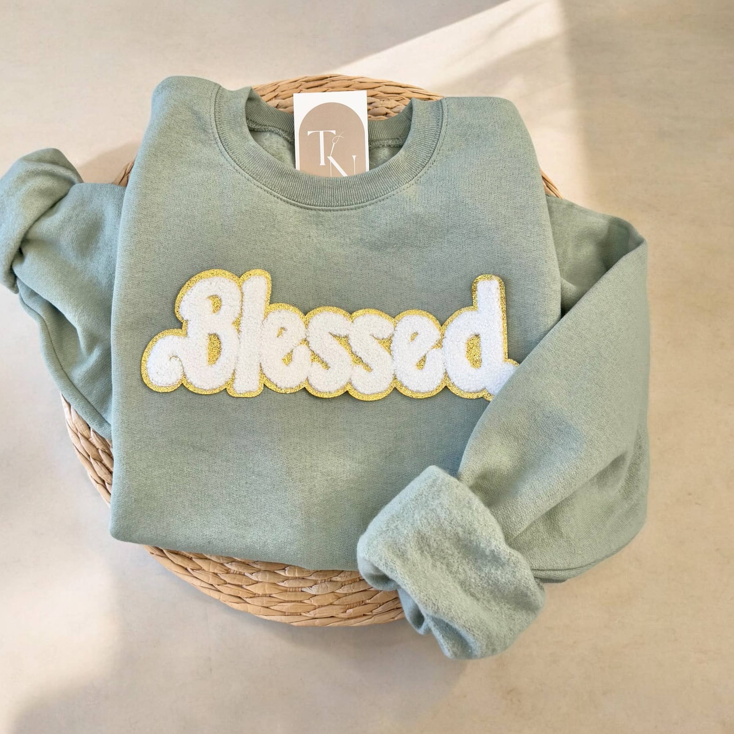 Chenille Blessed Crewneck Sweatshirt, Christian Sweaters T-Shirts, Hoodie | PodTeesHub.com