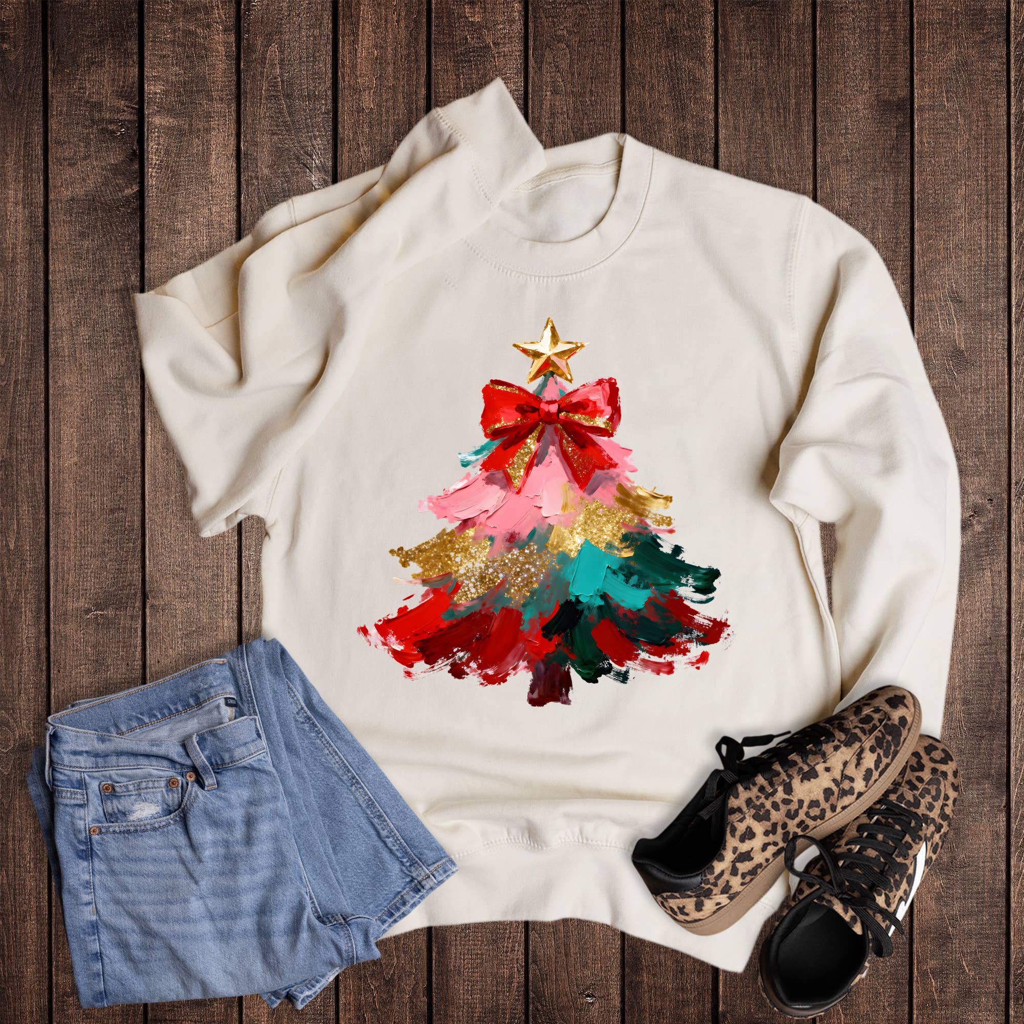 Christmas Faux Paint and Glitter Tree Sweatshirt T-Shirts, Hoodie | PodTeesHub.com