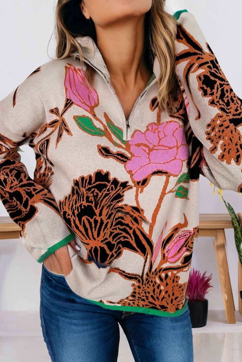 Floral Pattern Knit Quarter Zip Stand Neck Sweater (S-Xl) T-Shirts, Hoodie, Sweatshirt | PodTeesHub.com
