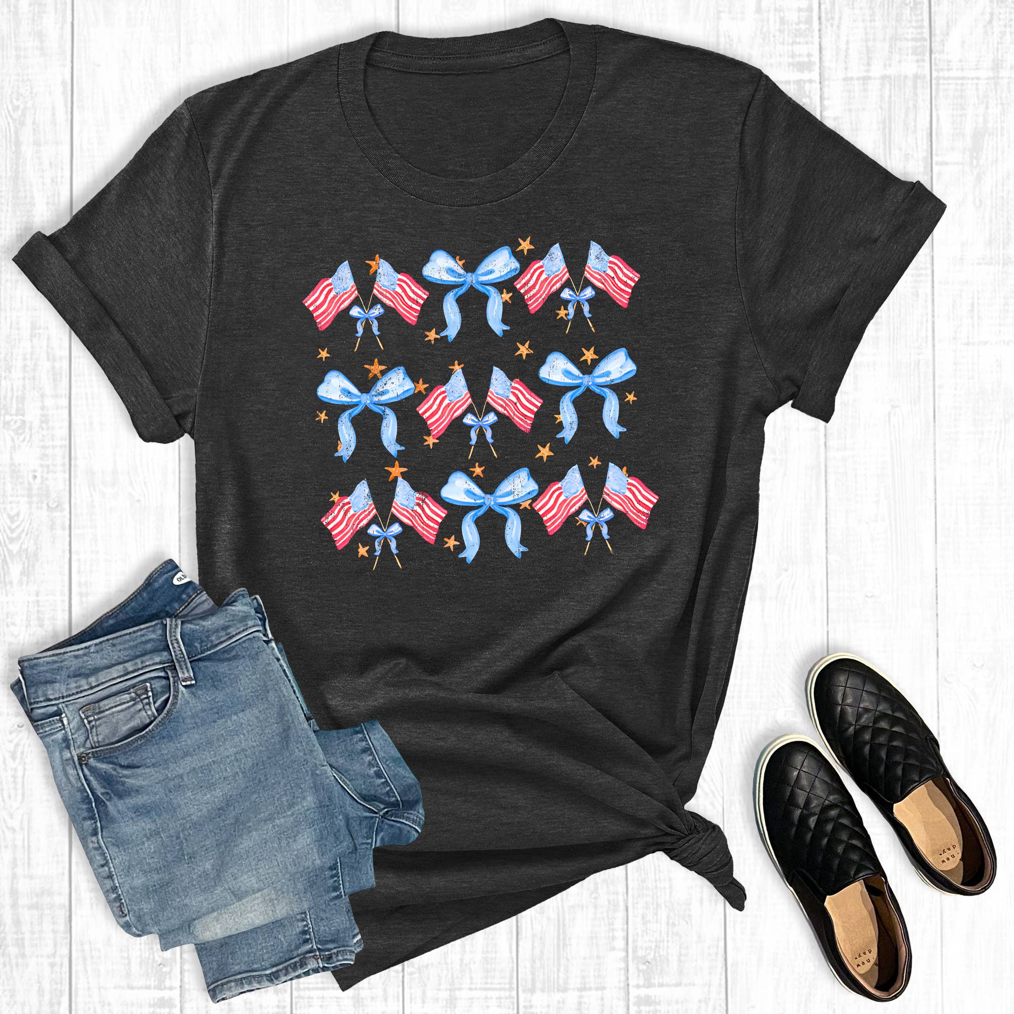 Retro Fourth of July Coquette American Flags Graphic Tee Hoodie, Sweatshirt | PodTeesHub.com