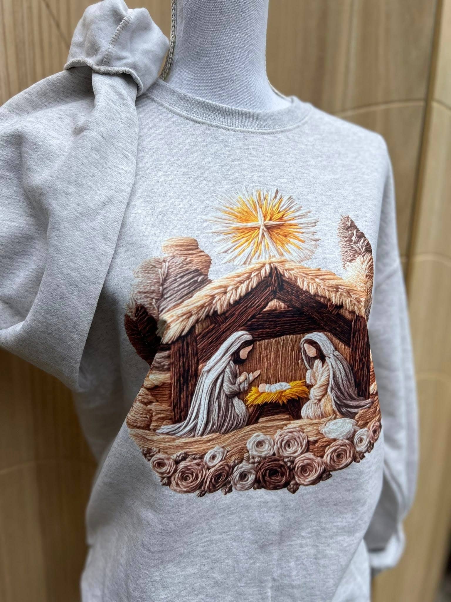 Faux Yarn Nativity Scene On Oatmeal Sweatshirt T-Shirts, Hoodie | PodTeesHub.com