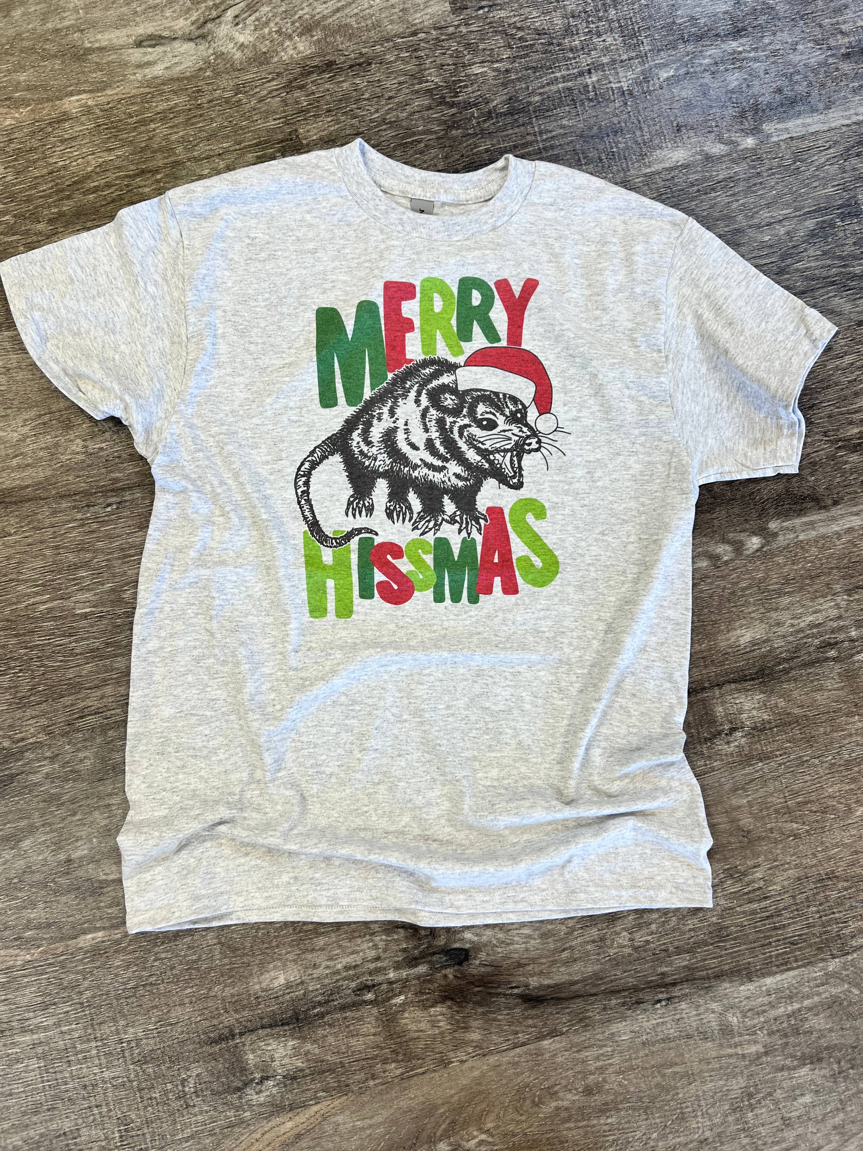 Merry Hissmas (with Possum) On Ash Gray Tee Hoodie, Sweatshirt | PodTeesHub.com