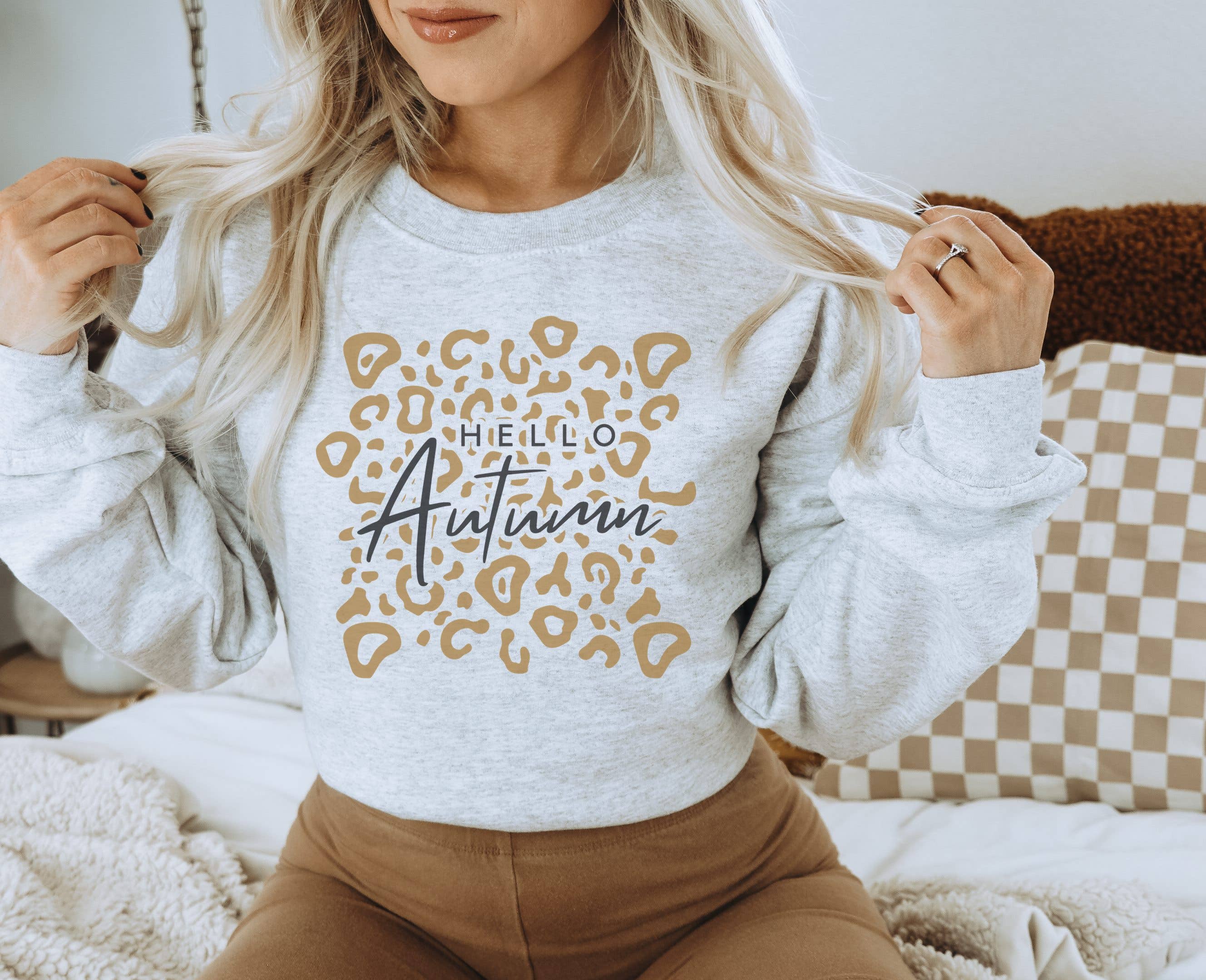 Hello Autumn Leopard Crew Neck Sweatshirt | Fall Sweatshirt T-Shirts, Hoodie | PodTeesHub.com