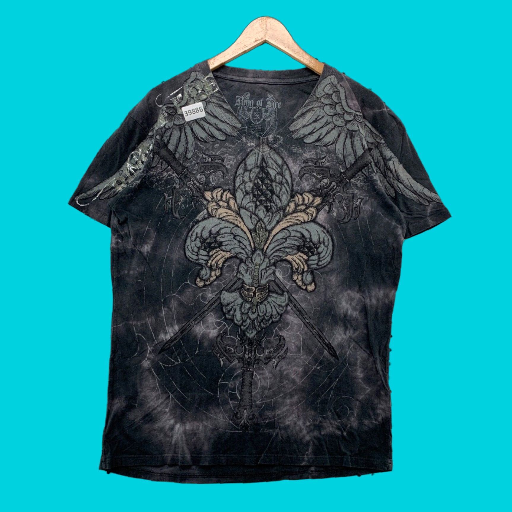 Ring Of Fire Vintage Ring Of Fire Affliction Shirt Mens L Black Cross Wings 90s Y2k Gothic T Shirt Hoodie, Sweatshirt