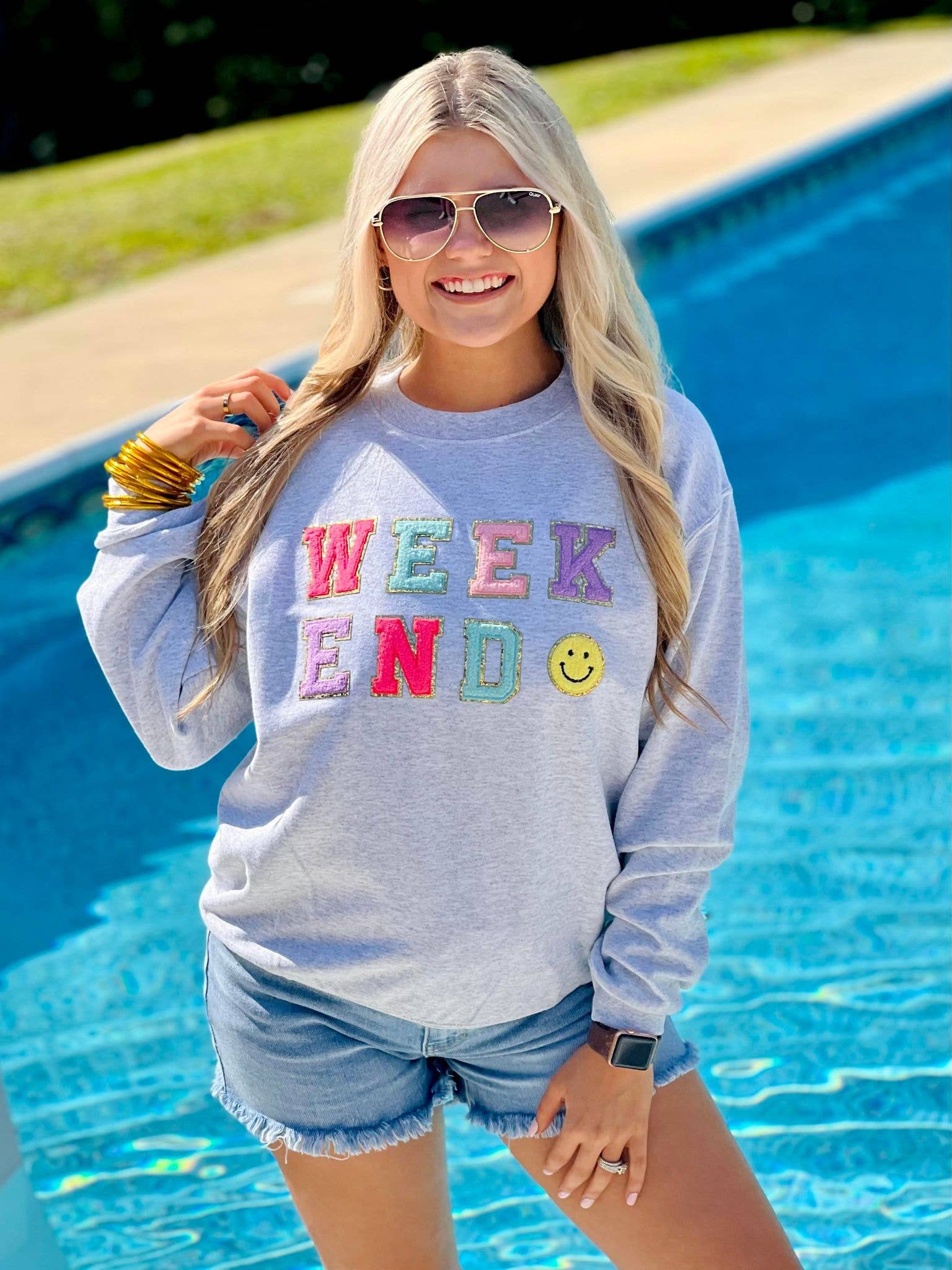Weekend Happy Multi Colored Chenille Patch Sweatshirt T-Shirts, Hoodie | PodTeesHub.com