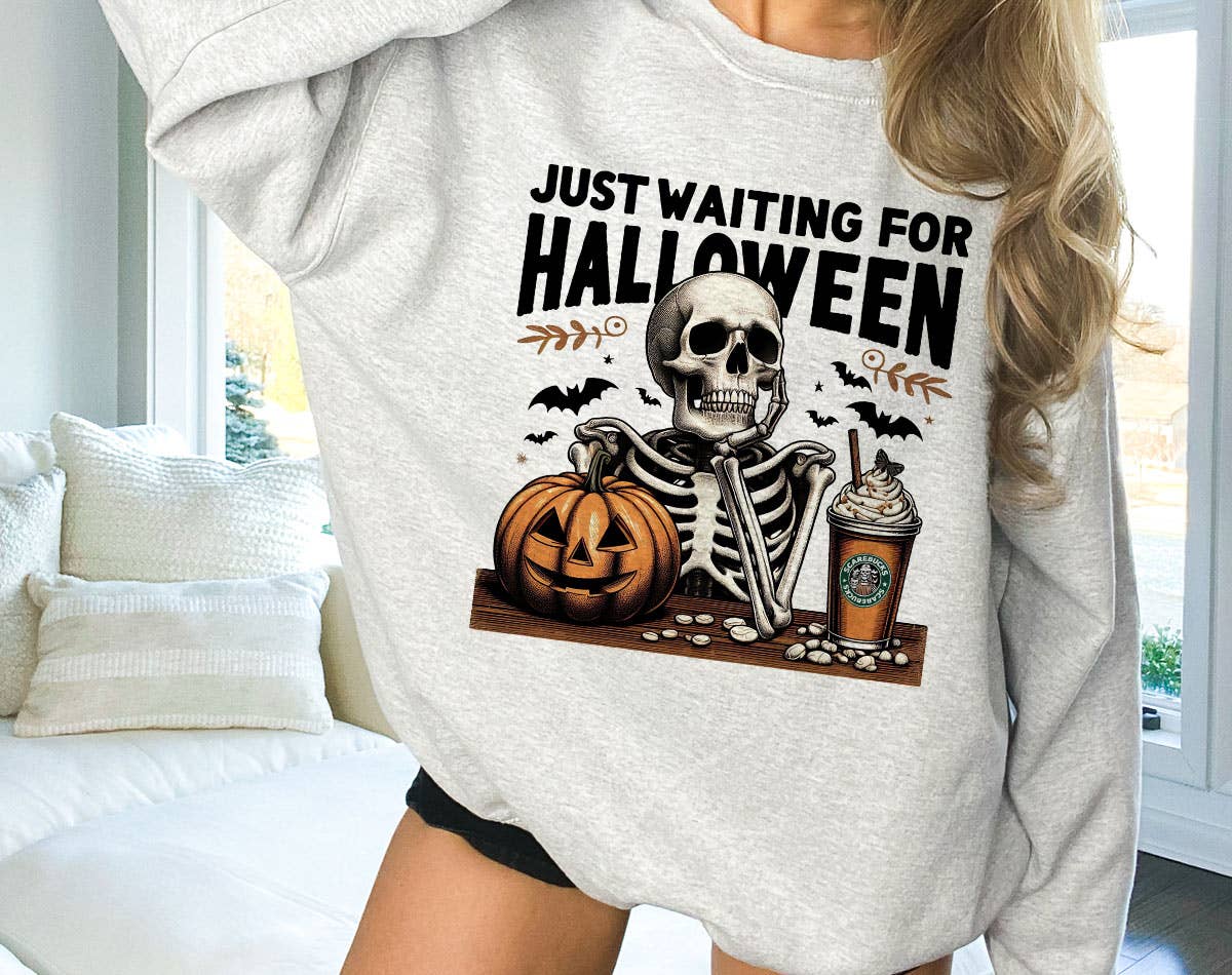 Just Waiting For Halloween - Funny Skeleton Sweatshirt T-Shirts, Hoodie | PodTeesHub.com