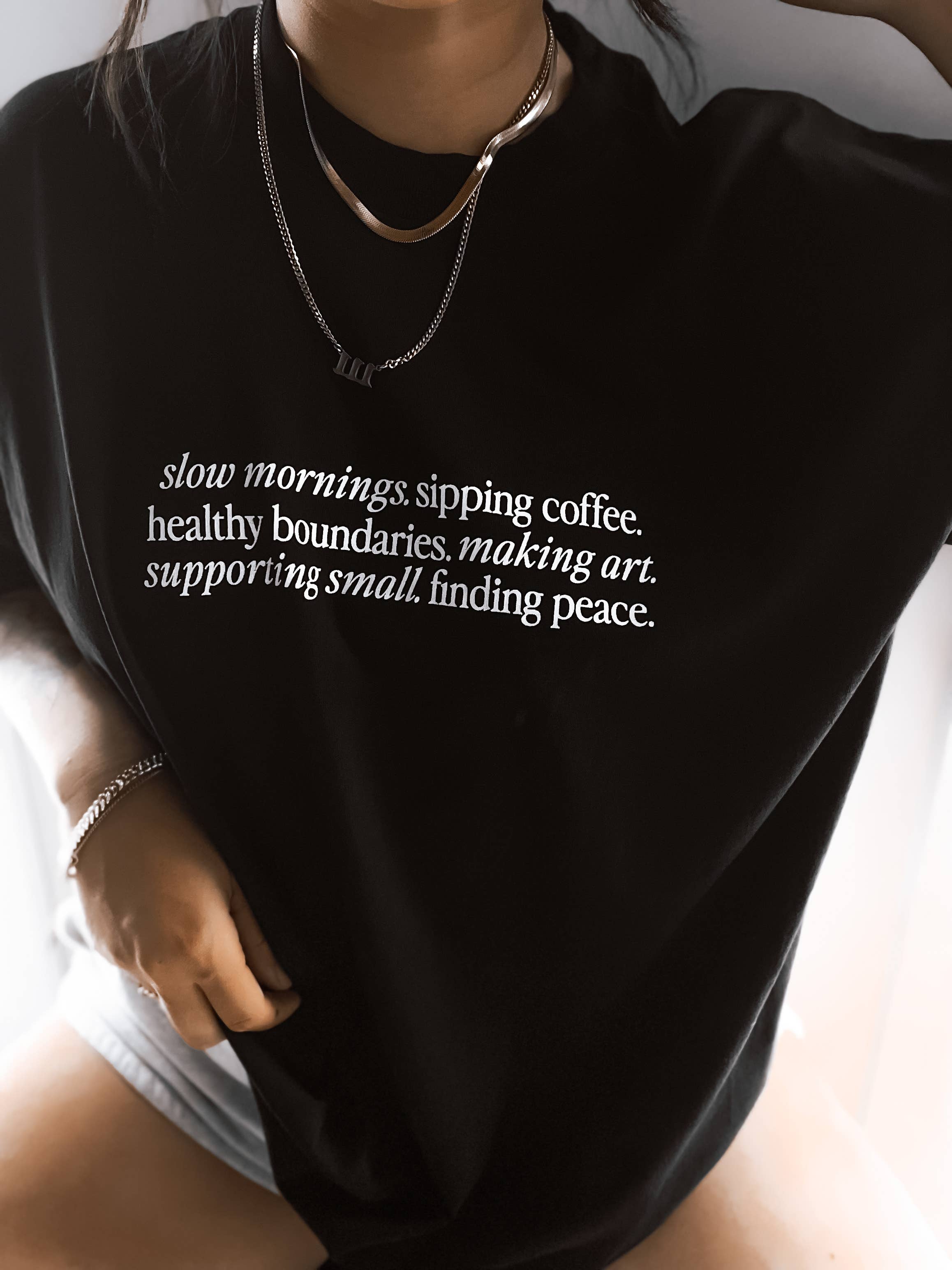 Slow Mornings Trendy Aesthetic Graphic Tee - Black Hoodie, Sweatshirt | PodTeesHub.com
