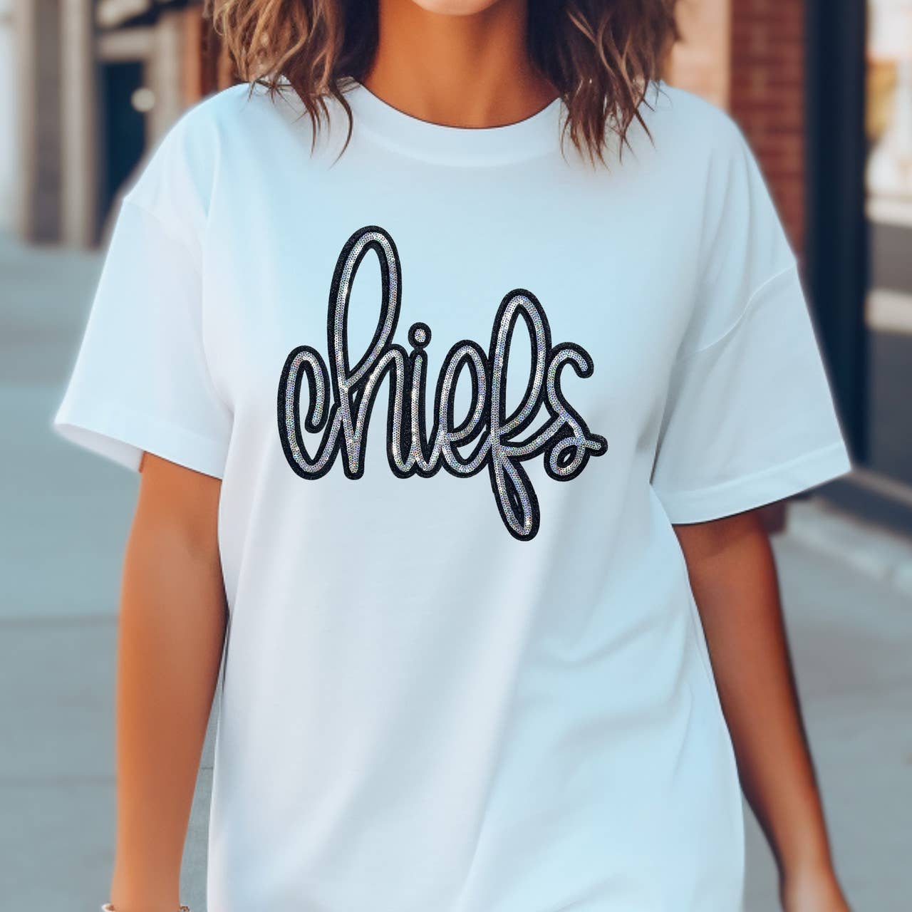 Chiefs Sequin Patch White Everyday Tee Hoodie, Sweatshirt | PodTeesHub.com