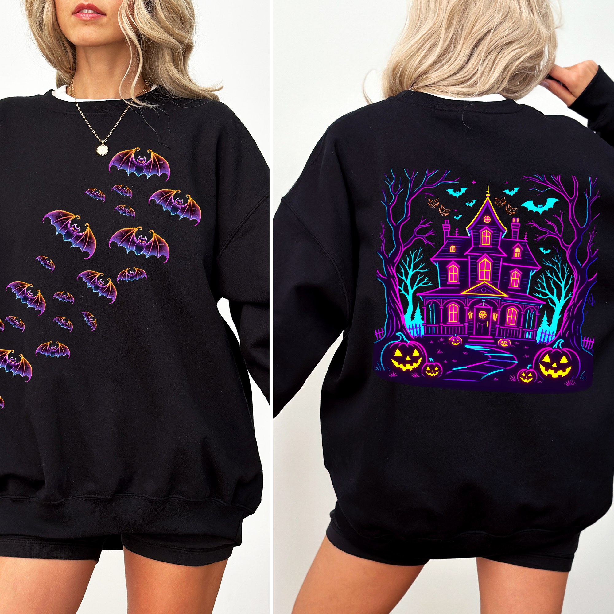 Haunted House Halloween, Front and Back, Ghosts Sweatshirt T-Shirts, Hoodie | PodTeesHub.com