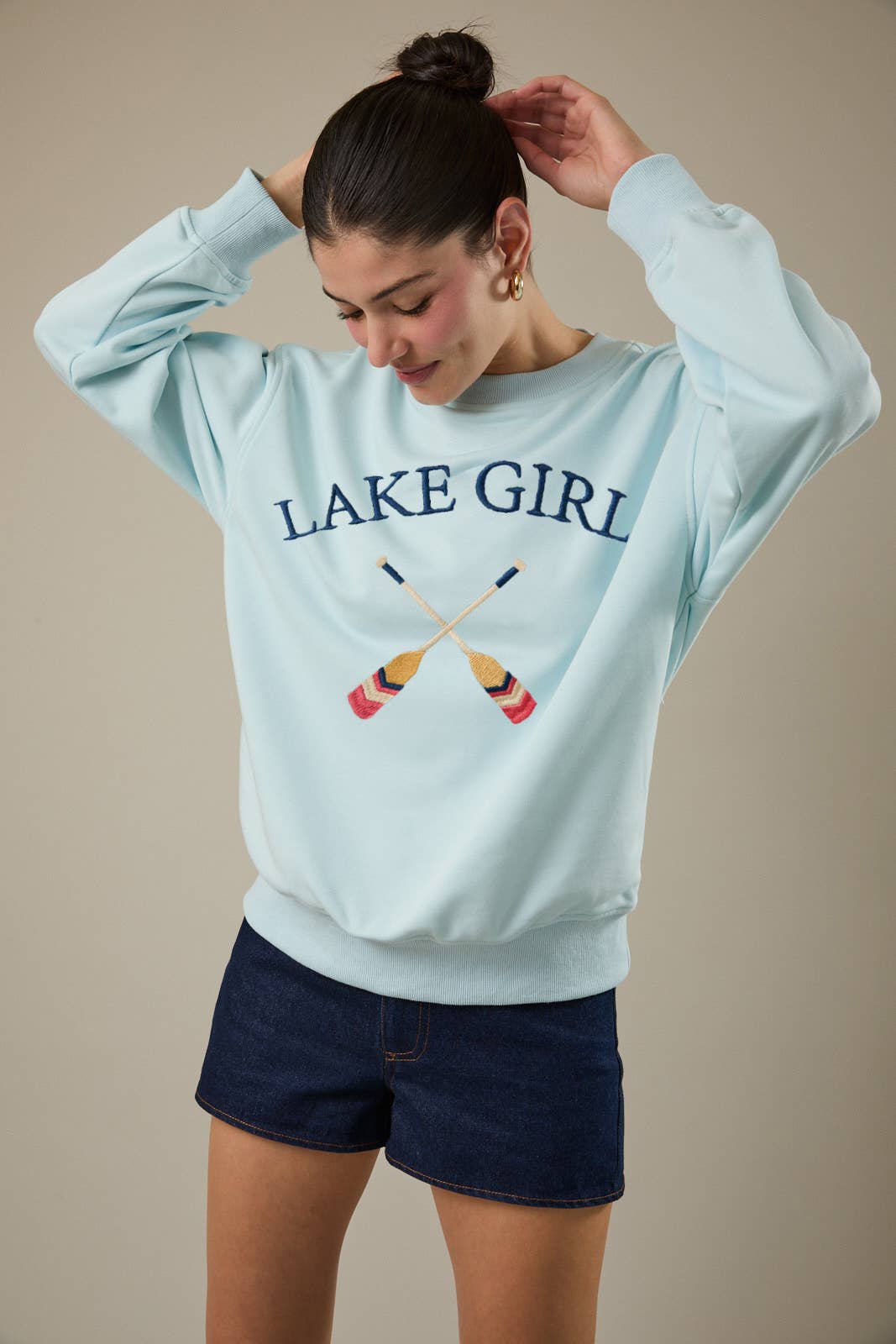 Round Neck Lake Gril Graphic Embroidered Sweatshirt T-Shirts, Hoodie | PodTeesHub.com